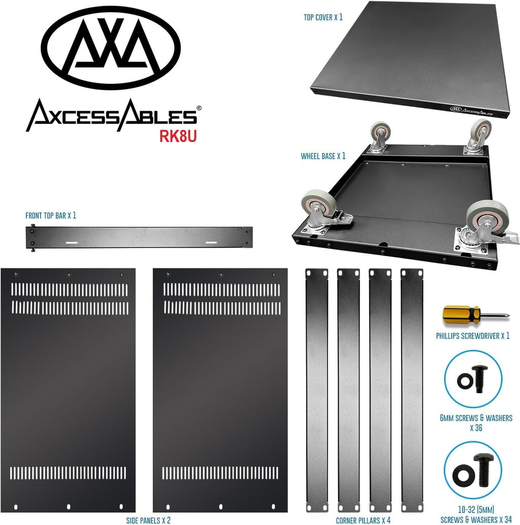 AxcessAbles 8U 19' Homelab Server Rack | 550-LB Capacity | Open Frame with Removable Side Panels | Rolling Rack Cabinet w/Locking 3' Casters | Network, AV & Studio Gear | Includes 5mm & 6mm Screws