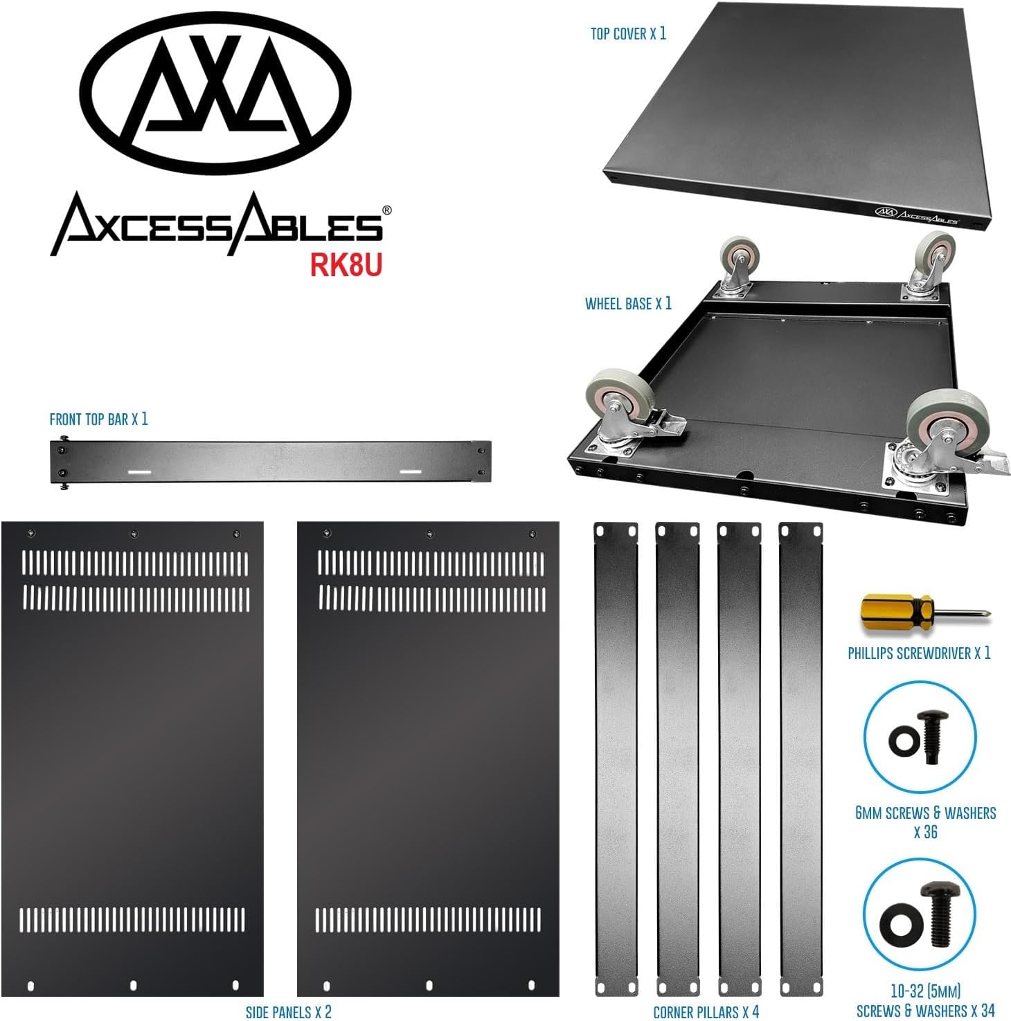 AxcessAbles 8U 19' Homelab Server Rack | 550-LB Capacity | Open Frame with Removable Side Panels | Rolling Rack Cabinet w/Locking 3' Casters | Network, AV & Studio Gear | Includes 5mm & 6mm Screws