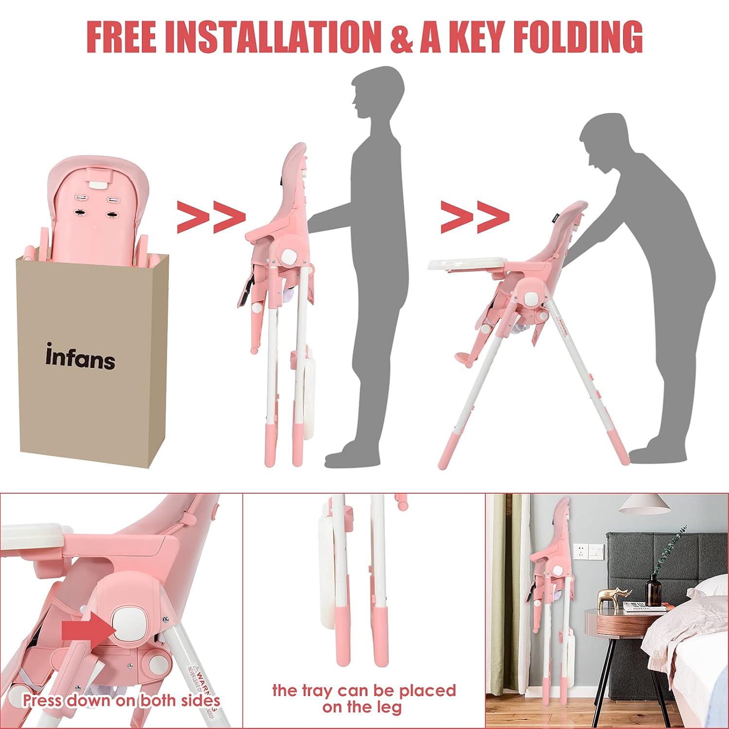 INFANS 4 in 1 High Chair–Booster Seat, Convertible Highchair w/Adjustable Height and Recline,Removable Tray,DetachableCushion, Installation-Free,Simple Fold for Baby, Infant& Toddler (Pink)