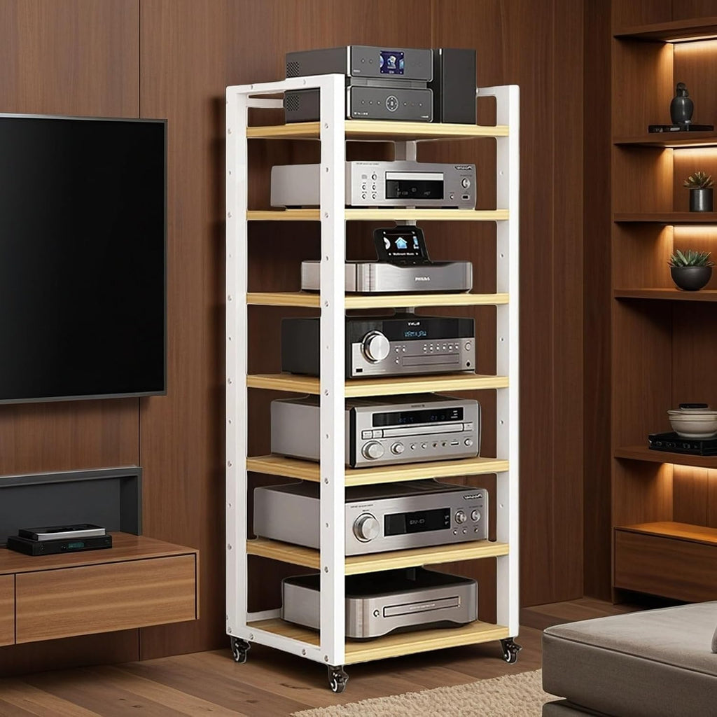 7-Tier Av Media Stand, Audio Rack with Adjustable Shelves, Stereo Racks and Stands with Wheels, Stereo Rack for Home, Office, Theater(C)