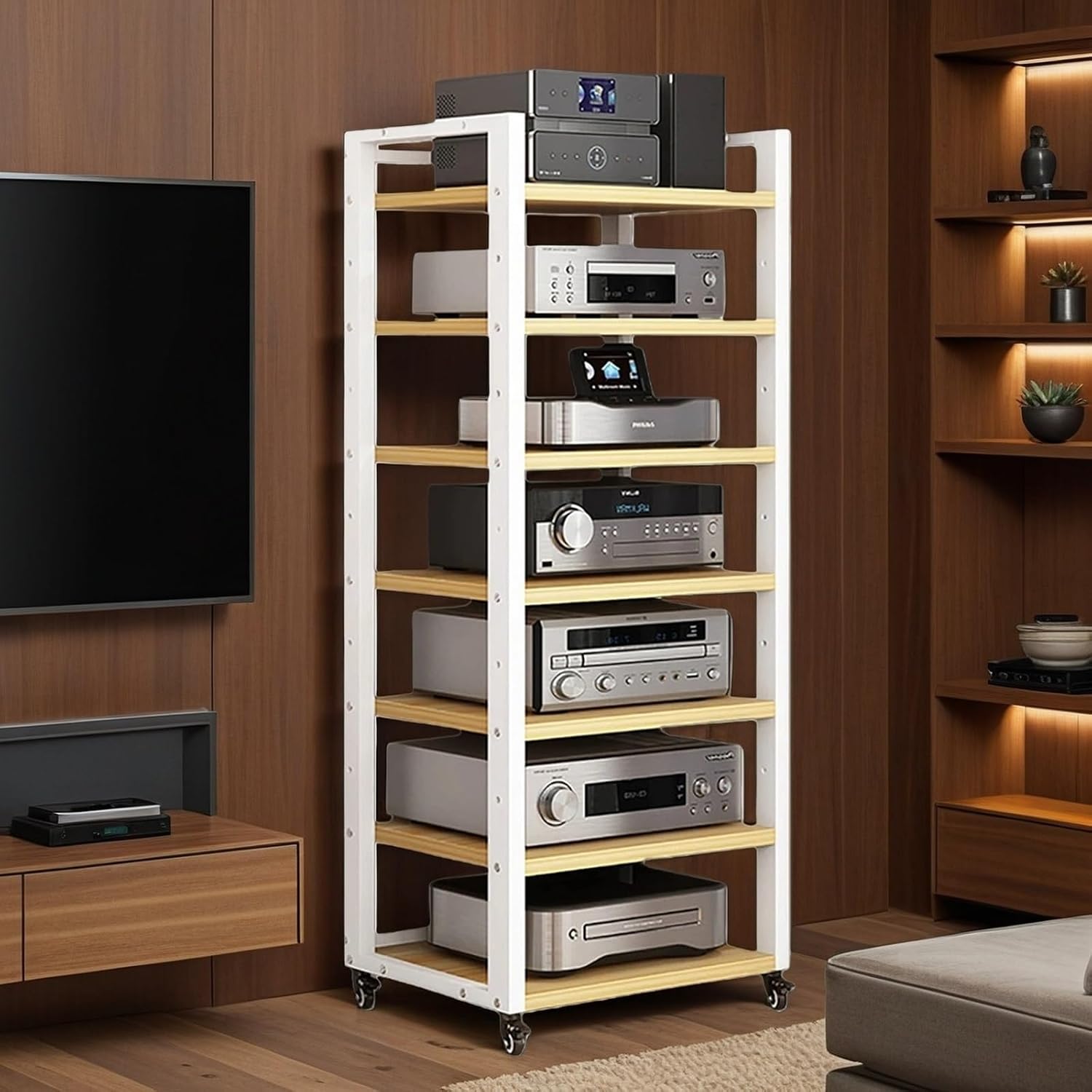 7-Tier Av Media Stand, Audio Rack with Adjustable Shelves, Stereo Racks and Stands with Wheels, Stereo Rack for Home, Office, Theater(C)