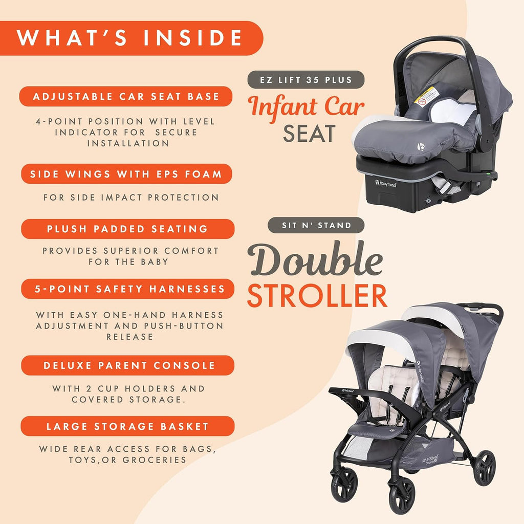 Baby Trend Sit N' Stand Tandem Double Stroller w/ 2 Pack EZ-Lift Plus Infant Car Seats, Magnolia