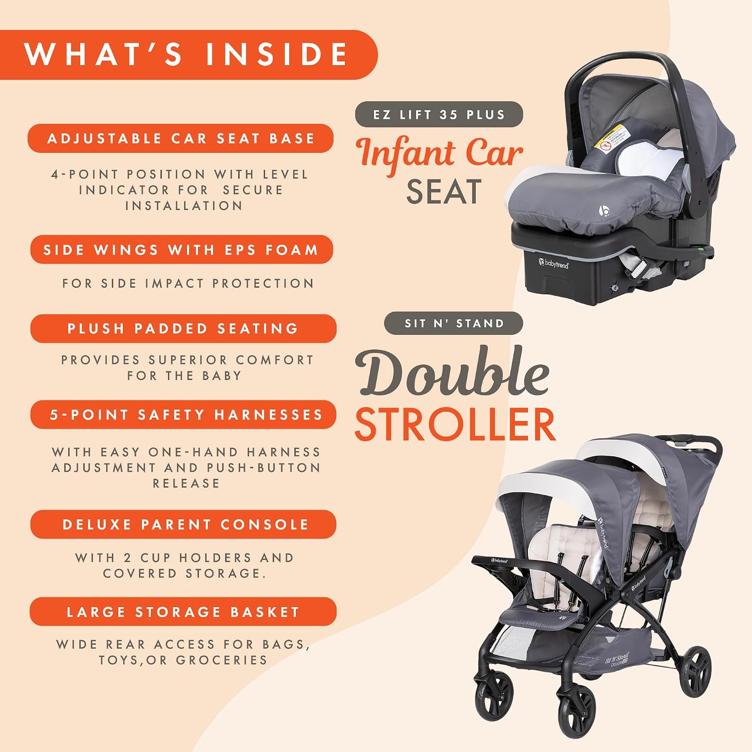 Baby Trend Sit N' Stand Tandem Double Stroller w/ 2 Pack EZ-Lift Plus Infant Car Seats, Magnolia