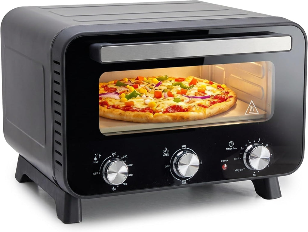 Simple Deluxe 1600W Indoor Electric Pizza Oven, 4 Cooking Modes for 12' Pizza, Fast Heating with Dual Independent Temp Control, Includes Pizza Stone & Spatula, Black