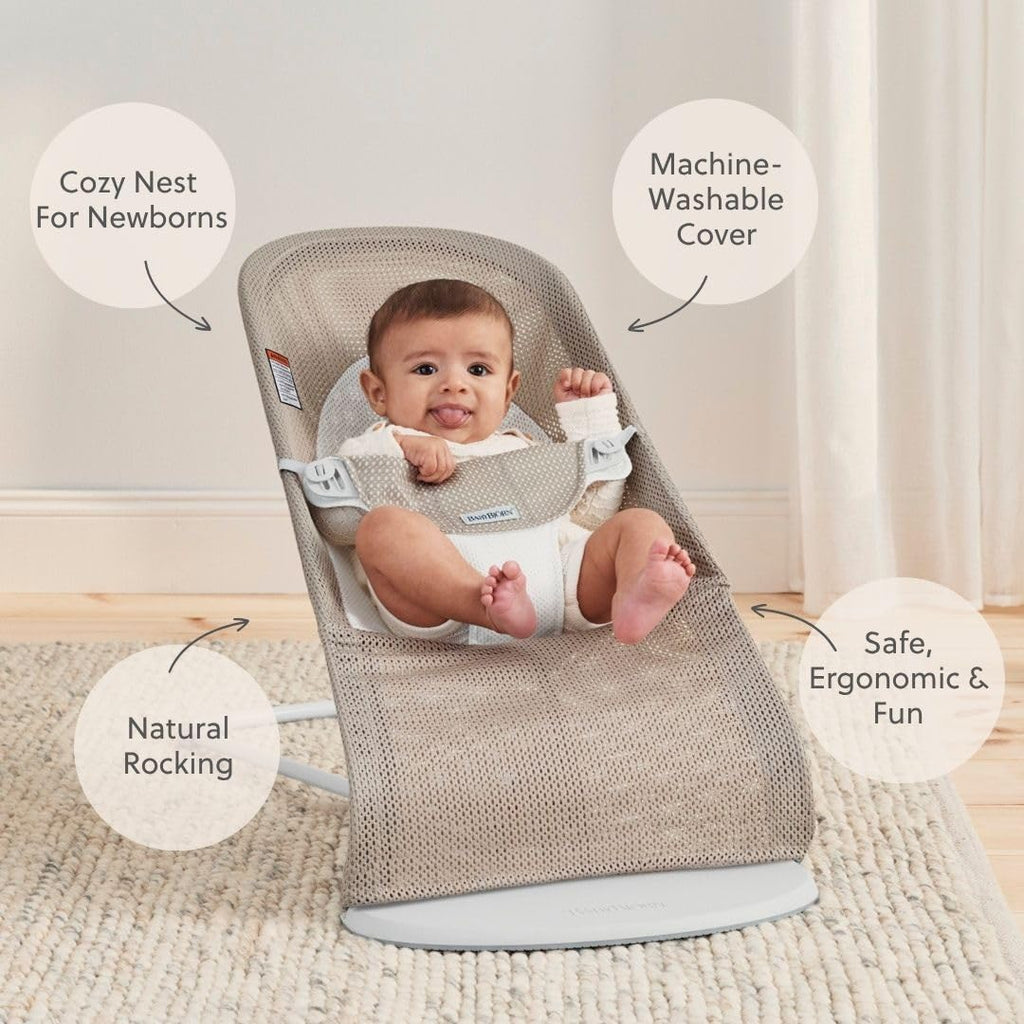 BabyBjörn Bouncer Balance Soft, Gray Beige/White, Mesh | 2-in-1 Adjustable Baby Bouncer Seat and Toddler Chair, Newborn to Toddler (8-29 lbs), 4 Positions, Lightweight & Portable