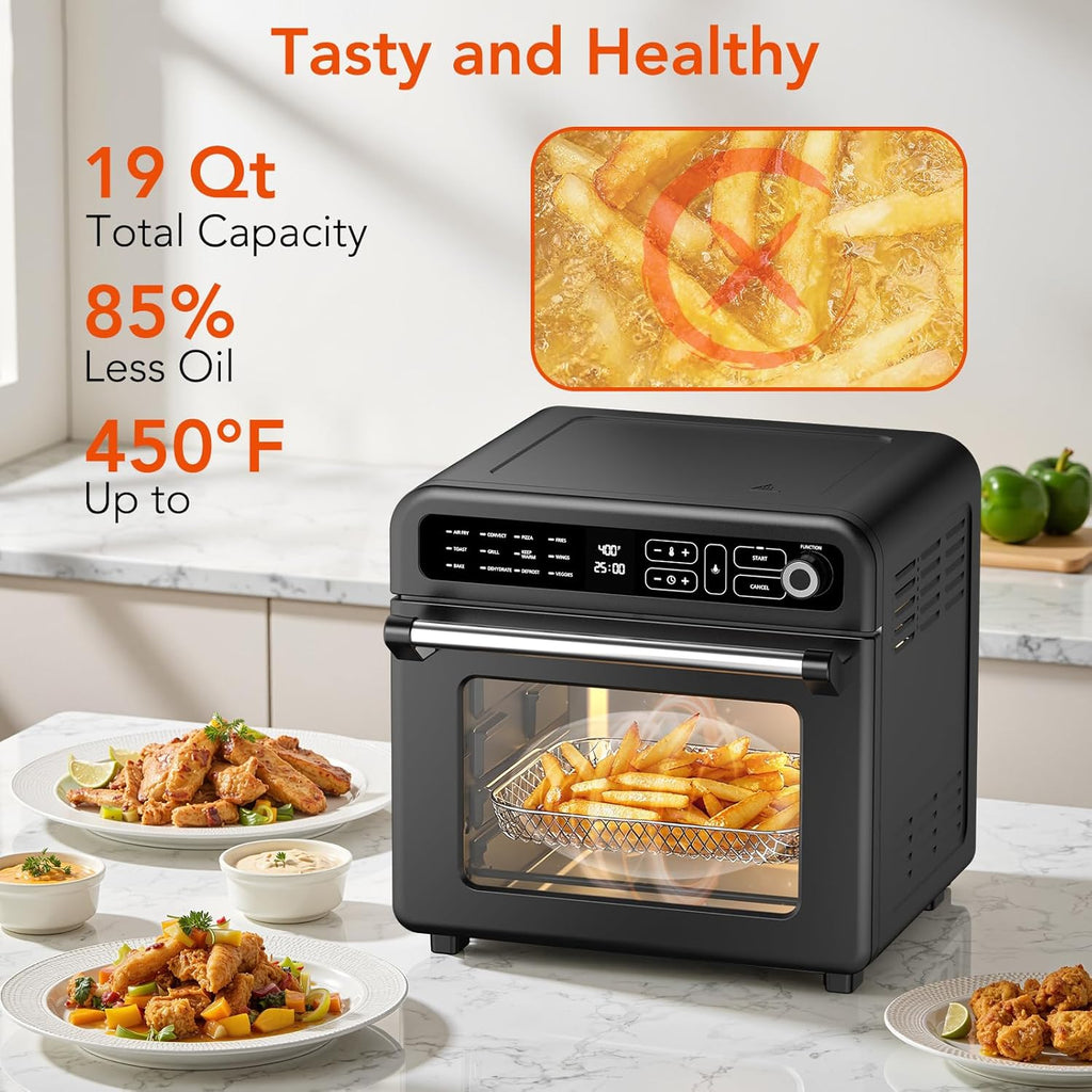 WAA Air Fryer Toaster Oven, 19 QT Air Fryer Toaster Oven Combo, 12-in-1 Digital Countertop Natural Convection Roast Bake Dehydrate and Reheat 1400W Stainless Steel, Black