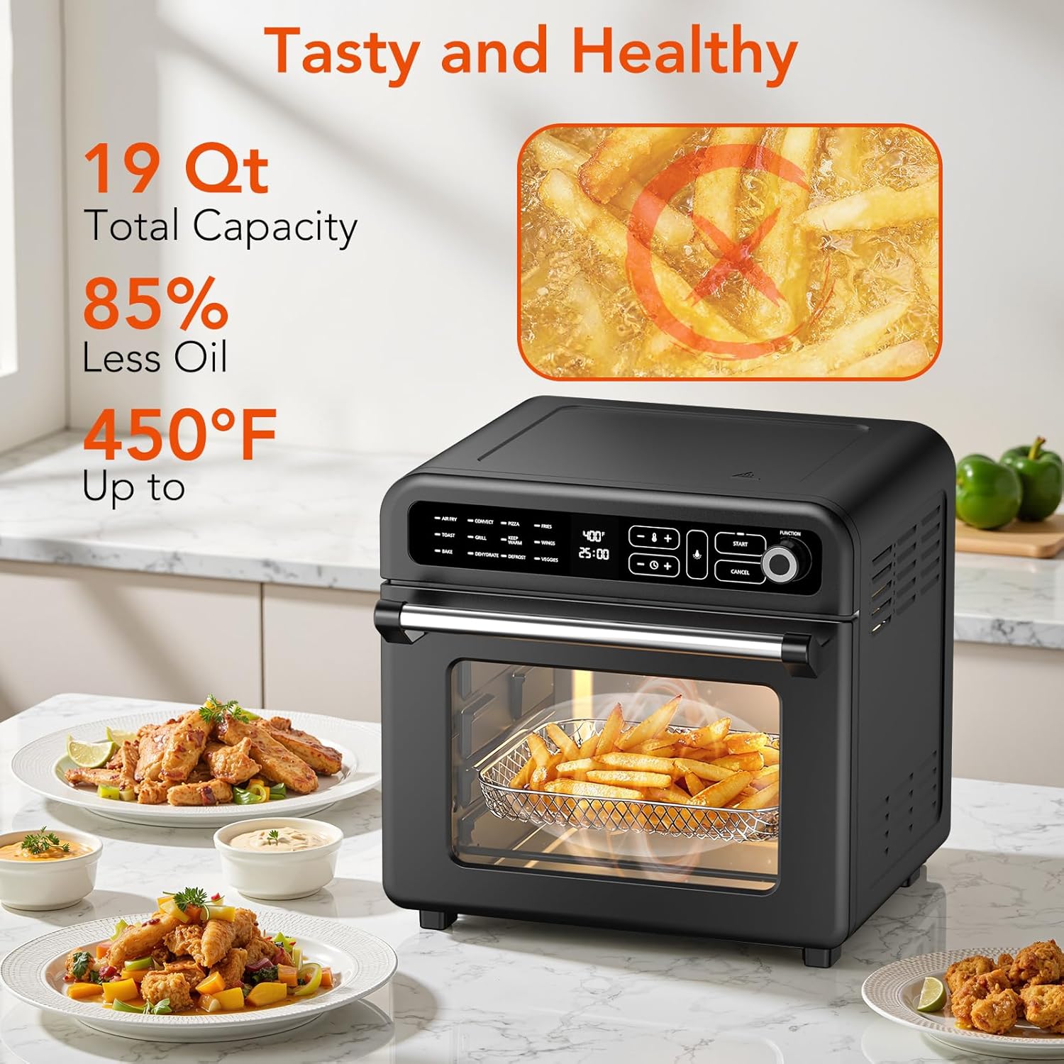 WAA Air Fryer Toaster Oven, 19 QT Air Fryer Toaster Oven Combo, 12-in-1 Digital Countertop Natural Convection Roast Bake Dehydrate and Reheat 1400W Stainless Steel, Black