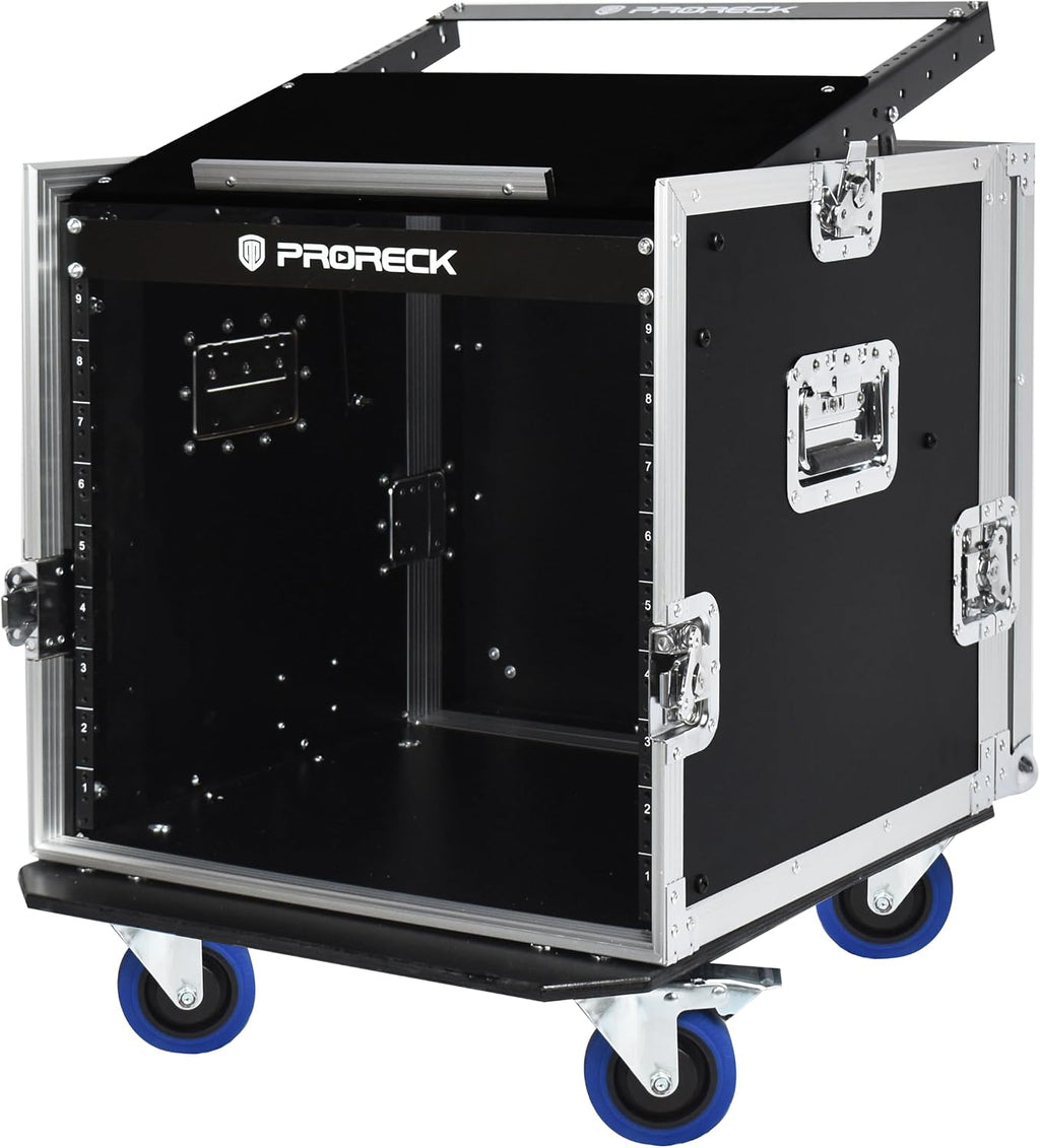 PRORECK 10U Rack/Road Case With Slant Mixer Top, And Casters, 20'' Rackable Depth, Plywood, 10U Installation Size, Pro Stage Performance.