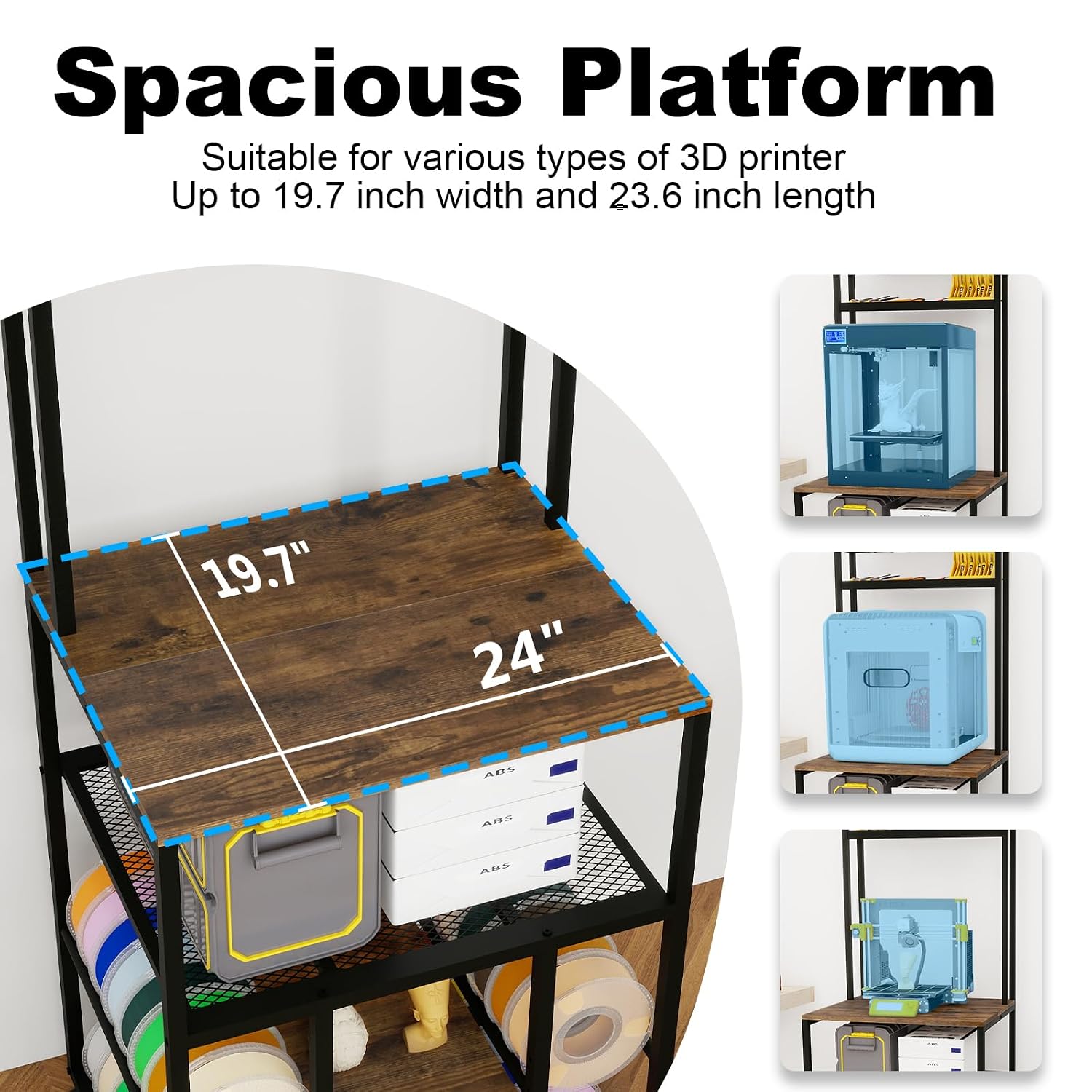 PUNCIA 3-Tier Heavy Duty 3D Printer Stand with Filament Storage Rack – Sturdy Organizer for PLA ABS PETG Spools, Compatible with FDM SLA Resin Printers, Durable Shelf for Home Studio Workshop Makers