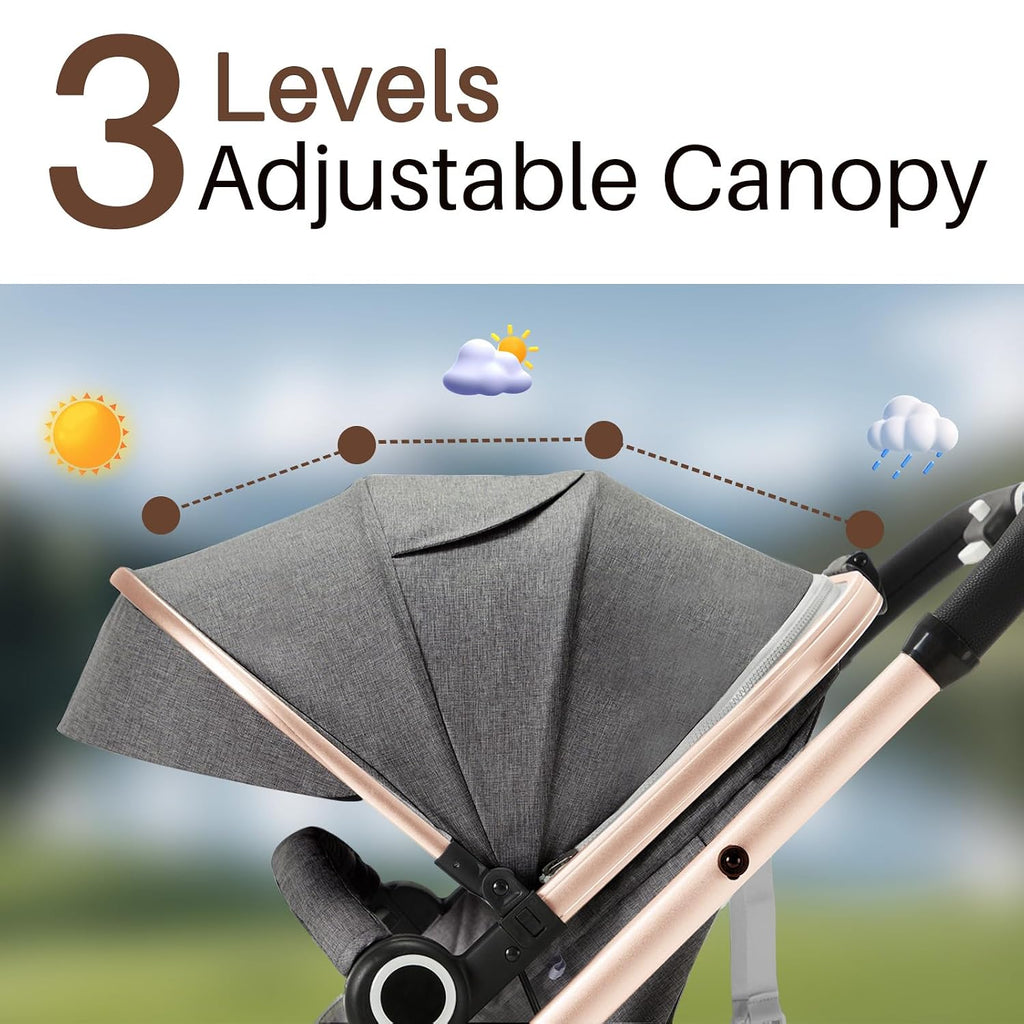 2 in 1 Baby Stroller, Convertible Pushchair Stroller w/Reversible Seat, Foldable Newborn Pram Carriage, Adjustable Canopy, Storage Basket, Diaper Bag & Cup Holder, 0-36 Months (Golden)