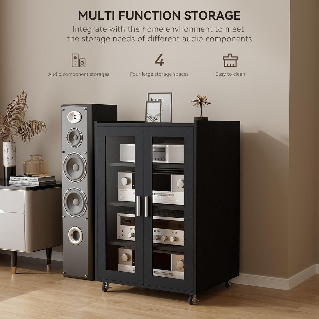ELECWISH Media Storage Cabinet, Audio-Video Media Stand,Stereo Cabinet with 4 Height-Adjustable Shelves, AV Rack with Glass Doors for Meeting, Living, Recording Room