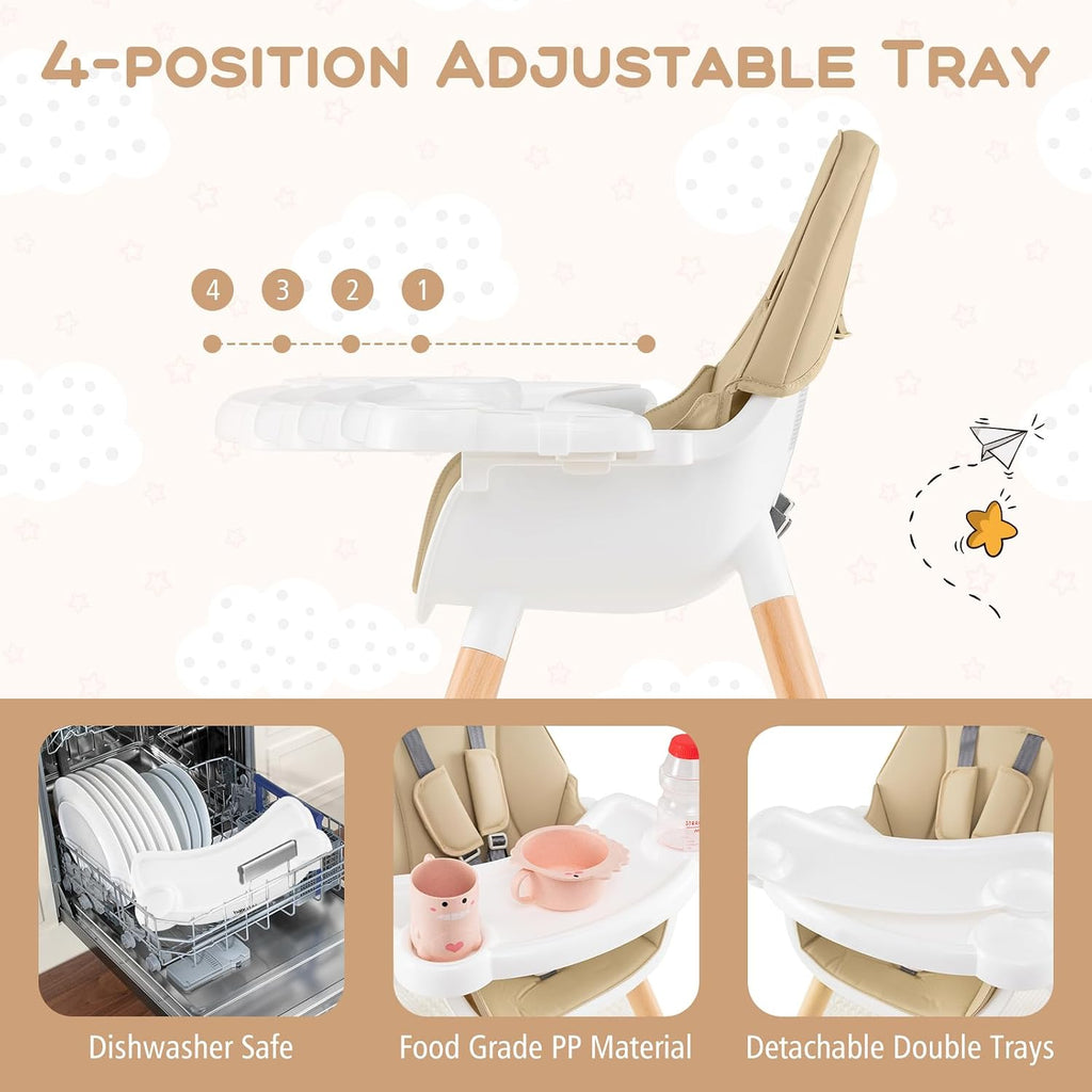 HONEY JOY Baby High Chair, 6-in-1 Convertible Wooden Highchair for Babies and Toddlers/Table Set/Toddler Chair with Safety Harness, 4-Position Removable Feeding Tray (Khaki)