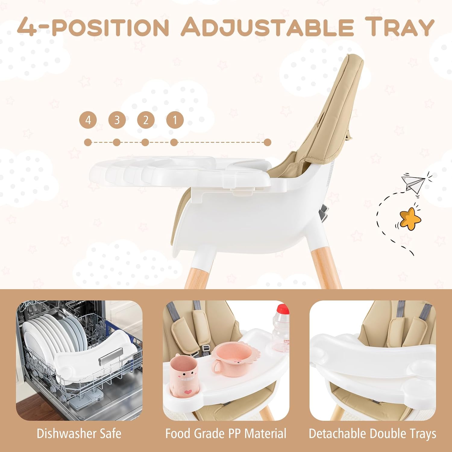 HONEY JOY Baby High Chair, 6-in-1 Convertible Wooden Highchair for Babies and Toddlers/Table Set/Toddler Chair with Safety Harness, 4-Position Removable Feeding Tray (Khaki)