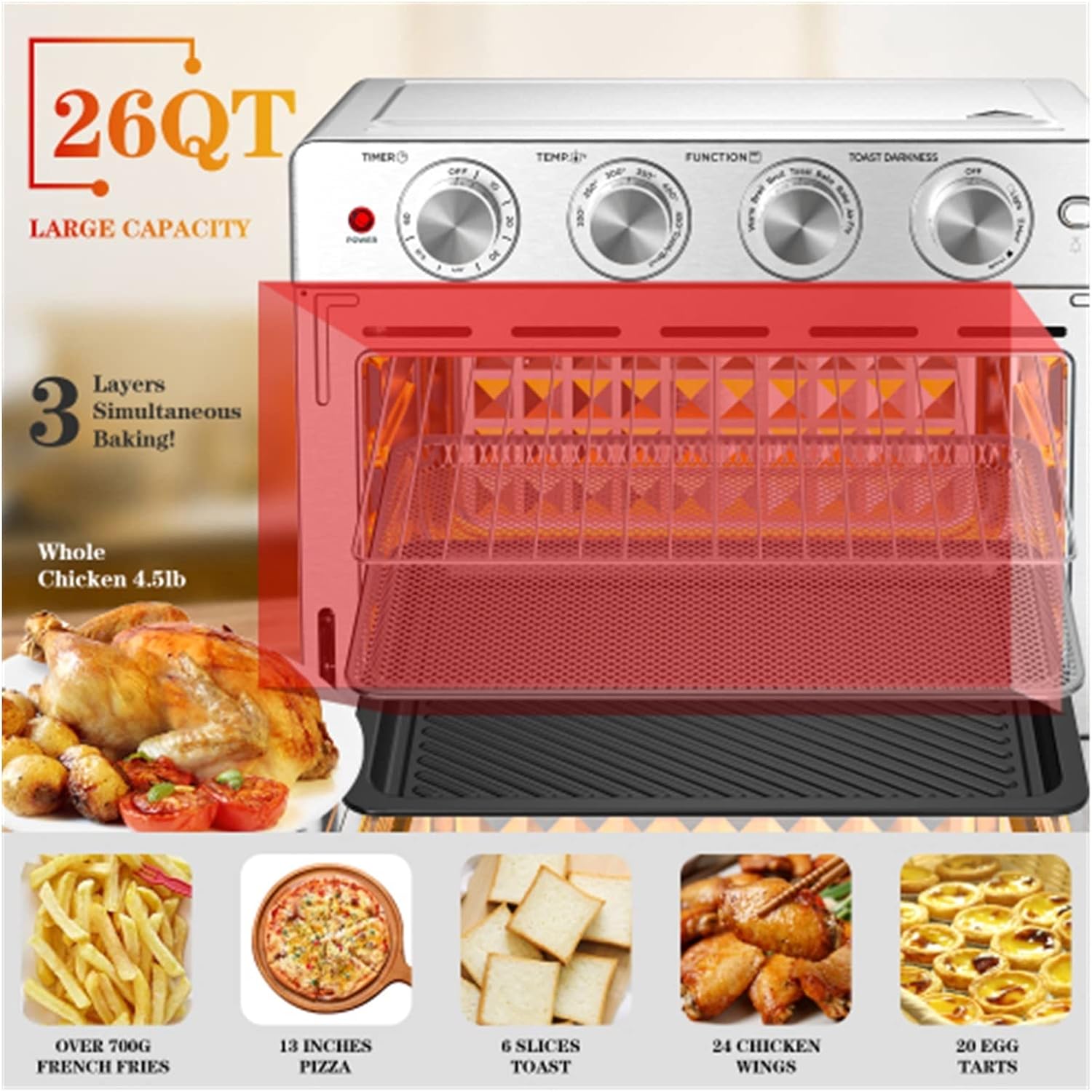 air fry Air Fryer, 6 Slice 26QT/26L Air Fryer Fry Oil-Free, Extra Large Toaster Oven Combo, Air Fryer Oven, Roast, Bake, Broil, Reheat, Convection Countertop Oven, Accessories Included, Stainless St