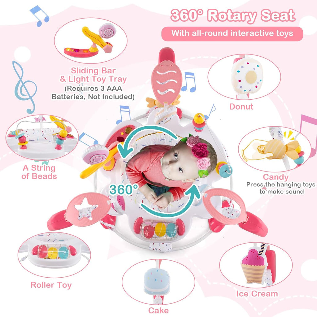 HONEY JOY Baby Bouncer Activity Center, Infant Jumper and Table w/ 360° Rotary Seat, 3 Adjustable Heights, Mat, Music, Lights, Sounds & Developmental Toys, Activity Center for Babies (Pink)