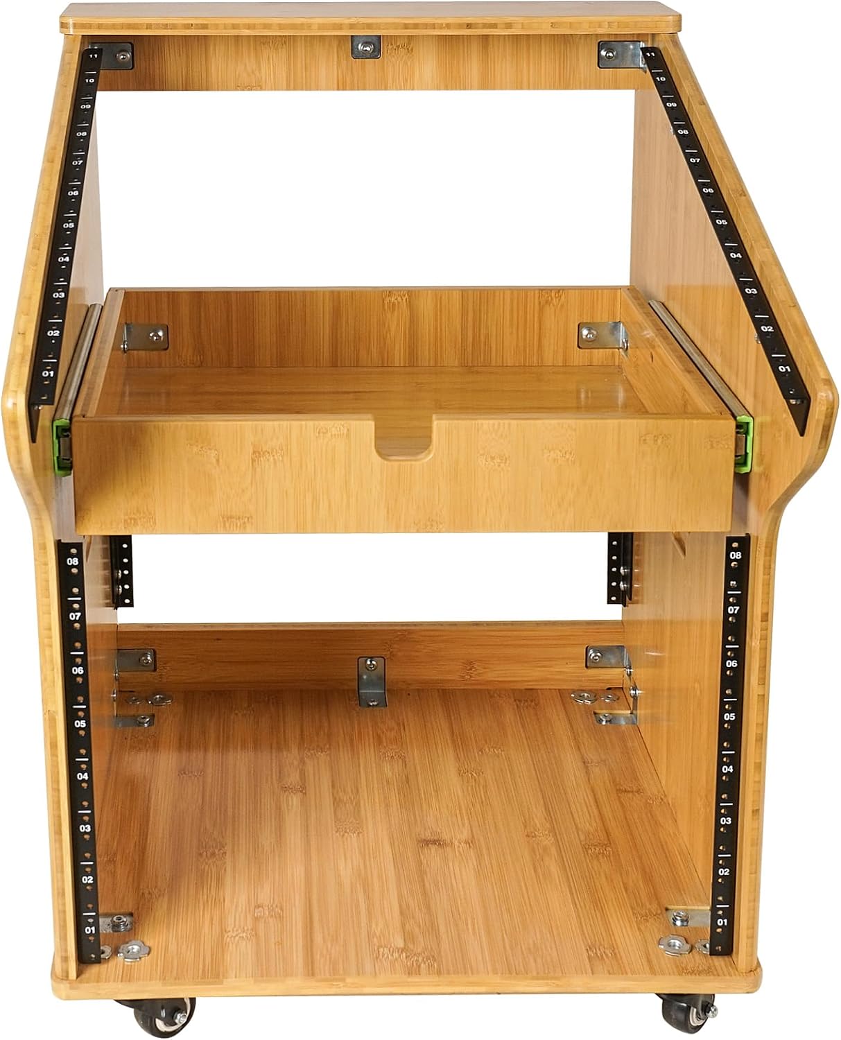 Sound Town DIY Solid Carbonized Bamboo Studio Rack with 11U Slant Mixer Top, 8U Front, 2U Drawer, Rubber Feet, Casters, for Recording Room, PA/DJ Equipment, Home-Audio (STBR-M11X8)