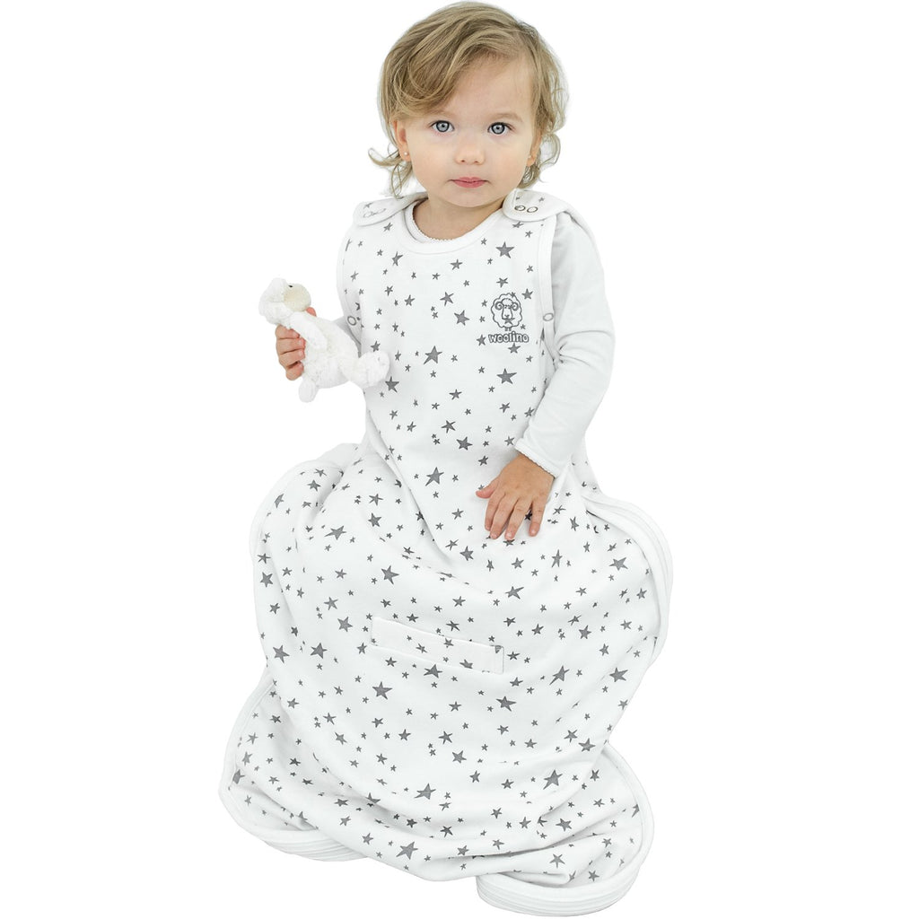 Woolino 4 Season Ultimate Baby Sleeping Bag - Merino Wool and Organic Cotton - Universal Size Adjustable Sleep Sack for Baby - Two-Way Zipper Sleeping Bag (2-24 Months) - Stars White
