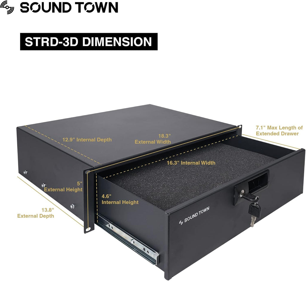 Sound Town Heavy-Duty 1/2' (12mm) Plywood 14U PA DJ Pro Audio Rack/Road ATA Case with 11U Slant Mixer Top, Locking Drawer, 20'' Rackable Depth and Casters (STMR-14D3)