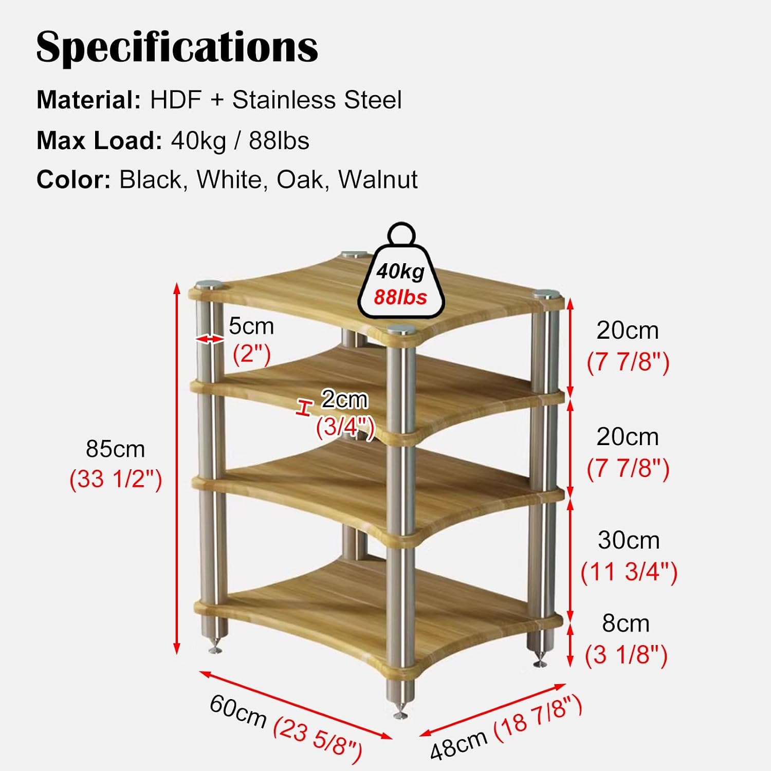 Wood Audio Cabinet Rack, Stereo Record Player AV Media Stand Furniture, Home Audio-Video Equipment Storage Shelving, Rounded Corner Design(White - 4 Tier)