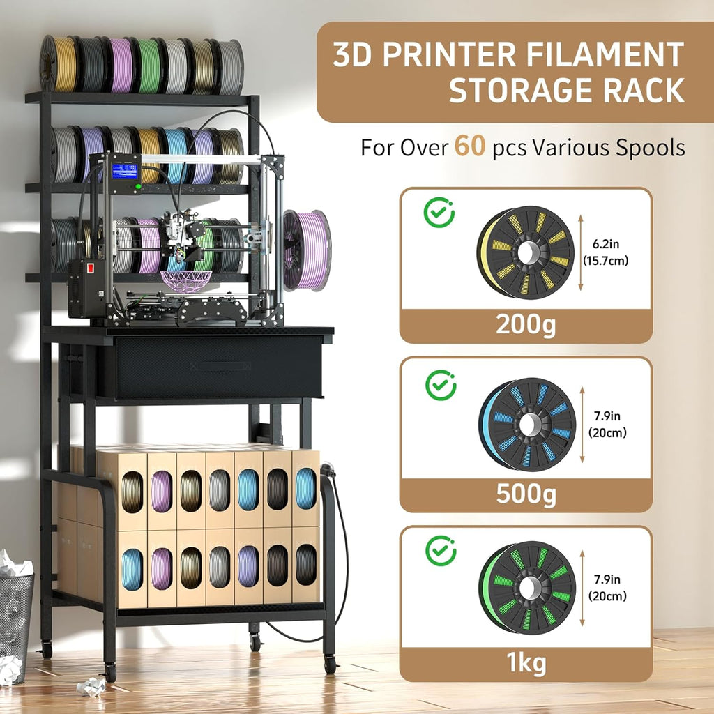 3D Printer Stand with Filament Storage,3D Printer Rack with Storage Drawer，Heavy-Duty 3D Printers Table with Power Outlet，for ABS/PLA/TPU Spools, Home Office Studi