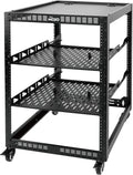 TECMOJO 16U Open Frame Network Rack for IT &AV Gear, AV Rack 4-Post with casters, Mobile 16U Rack with 2 PCS 1U Server Rack Shelf & Mounting Hardware, for 19' Network,Audio and Video Device