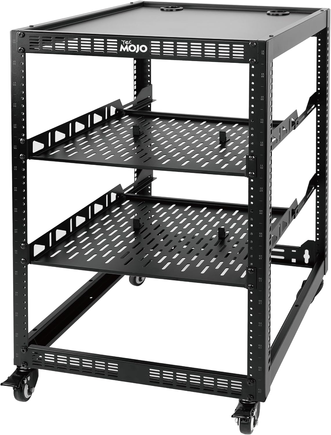 TECMOJO 16U Open Frame Network Rack for IT &AV Gear, AV Rack 4-Post with casters, Mobile 16U Rack with 2 PCS 1U Server Rack Shelf & Mounting Hardware, for 19' Network,Audio and Video Device
