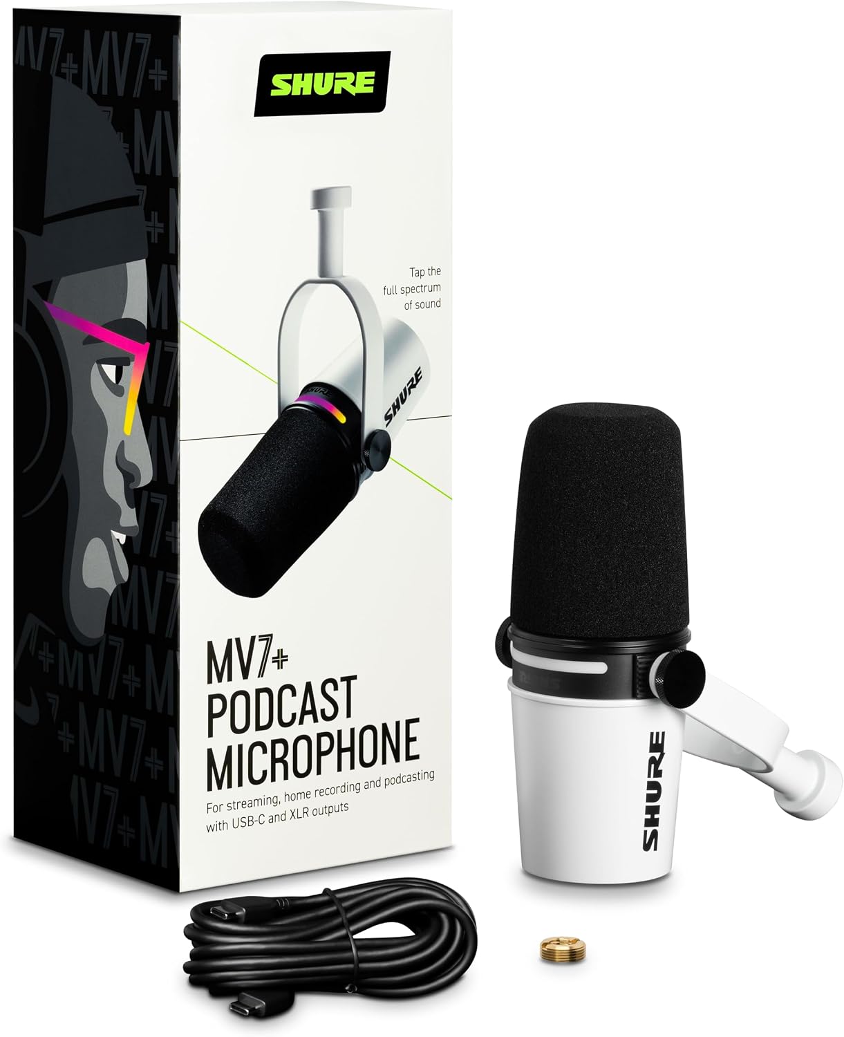 Shure MV7+ Dynamic Microphone – USB-C & XLR Podcast Mic for Streaming, Recording & Broadcasting, OBS Certified, Auto Level Mode, Digital Pop Filter, LED Panel, White
