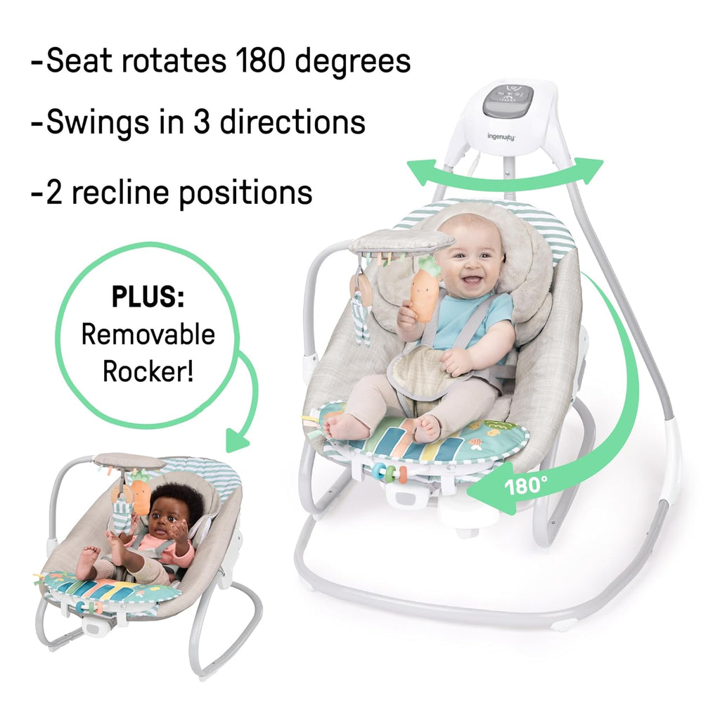 Ingenuity SimpleComfort Piano Playtime 4-in-1 Baby Swing & Rocker, Soothes & Grows with Baby, Rotating Seat Swings in 3 Directions, 6 Speeds & 12 Melodies, Removeable Rocker Seat, 0 Months to 2 Years