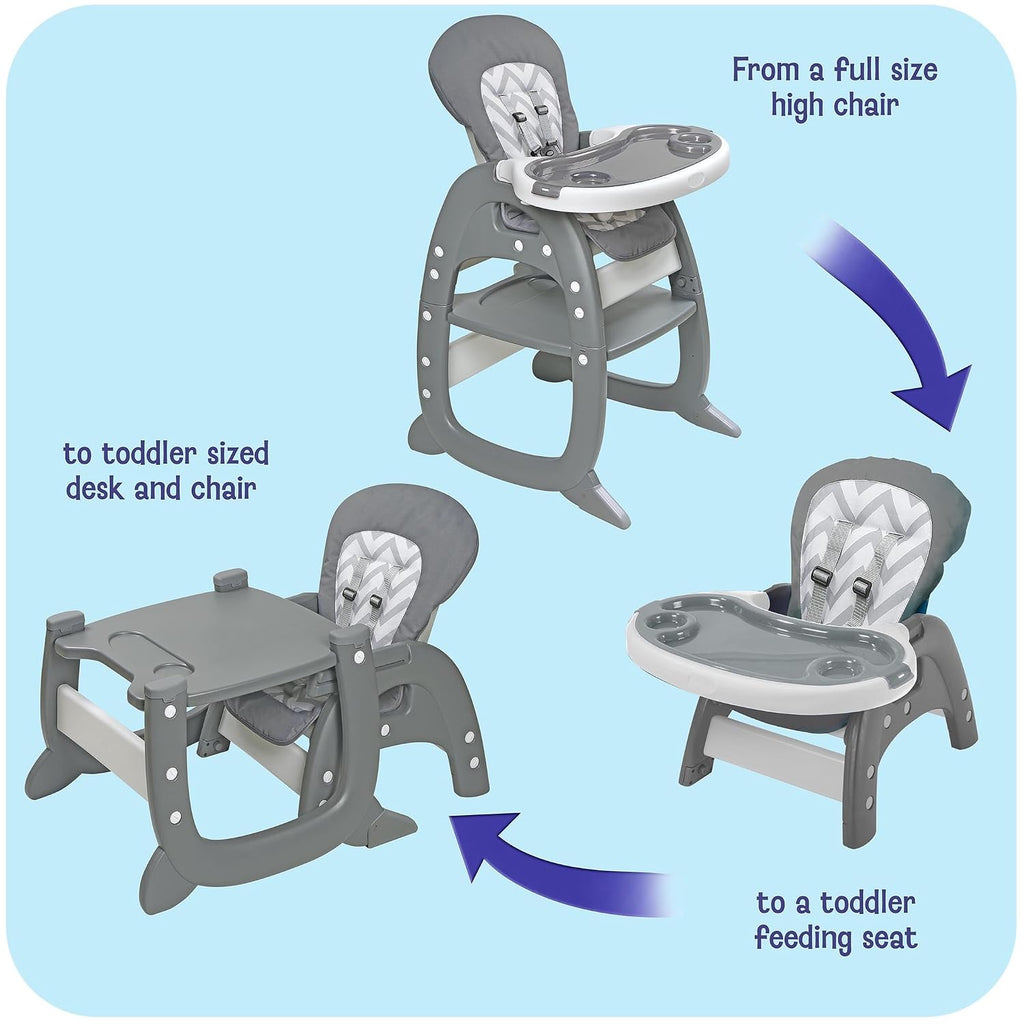 Badger Basket Envee II Baby High Chair with Playtable Conversion – Gray Chevron, 5-Point Harness, Dishwasher Safe Tray, Machine Washable Cushion