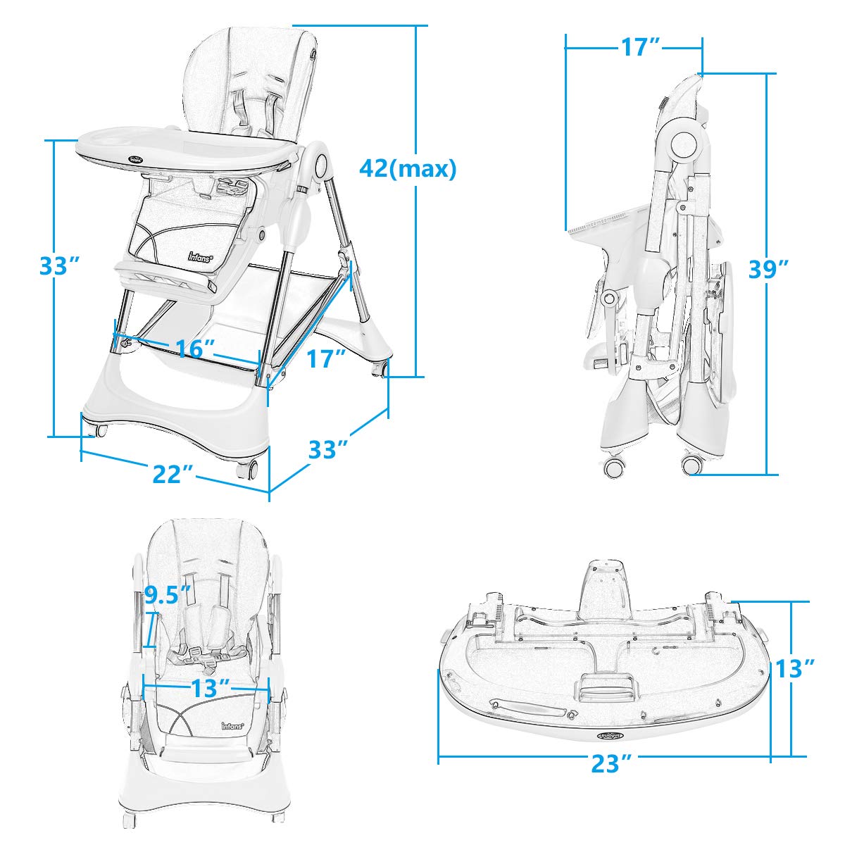 INFANS High Chair with One-Hand Removable Tray, 4 Lockable Wheels & Large Storage Basket - Multi-Adjustable Height, Recline & Footrest, Removable Cushion, Foldable for Baby, Infant& Toddler, Grey