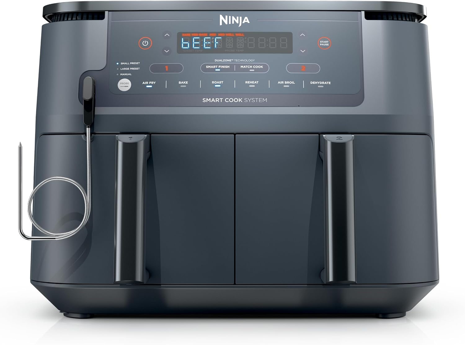 Ninja Foodi Air Fryer w/Smart Cook Thermometer | 6-in-1 Air Fry, Roast, Bake, Dehydrate & More | DualZone™ Match Cook & Smart Finish, 2 Independent Baskets | XL 10 Qt, Stainless Steel | Grey,DZ550GY