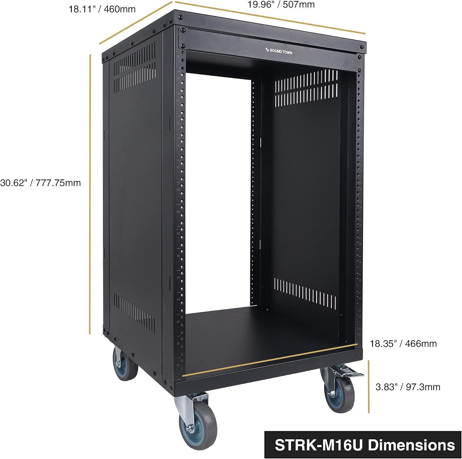 Sound Town 16U Universal Steel Rack, w/ 3' Locking Casters, Vented Side Panels for Audio Video, Server and Network Equipment (STRK-M16U)