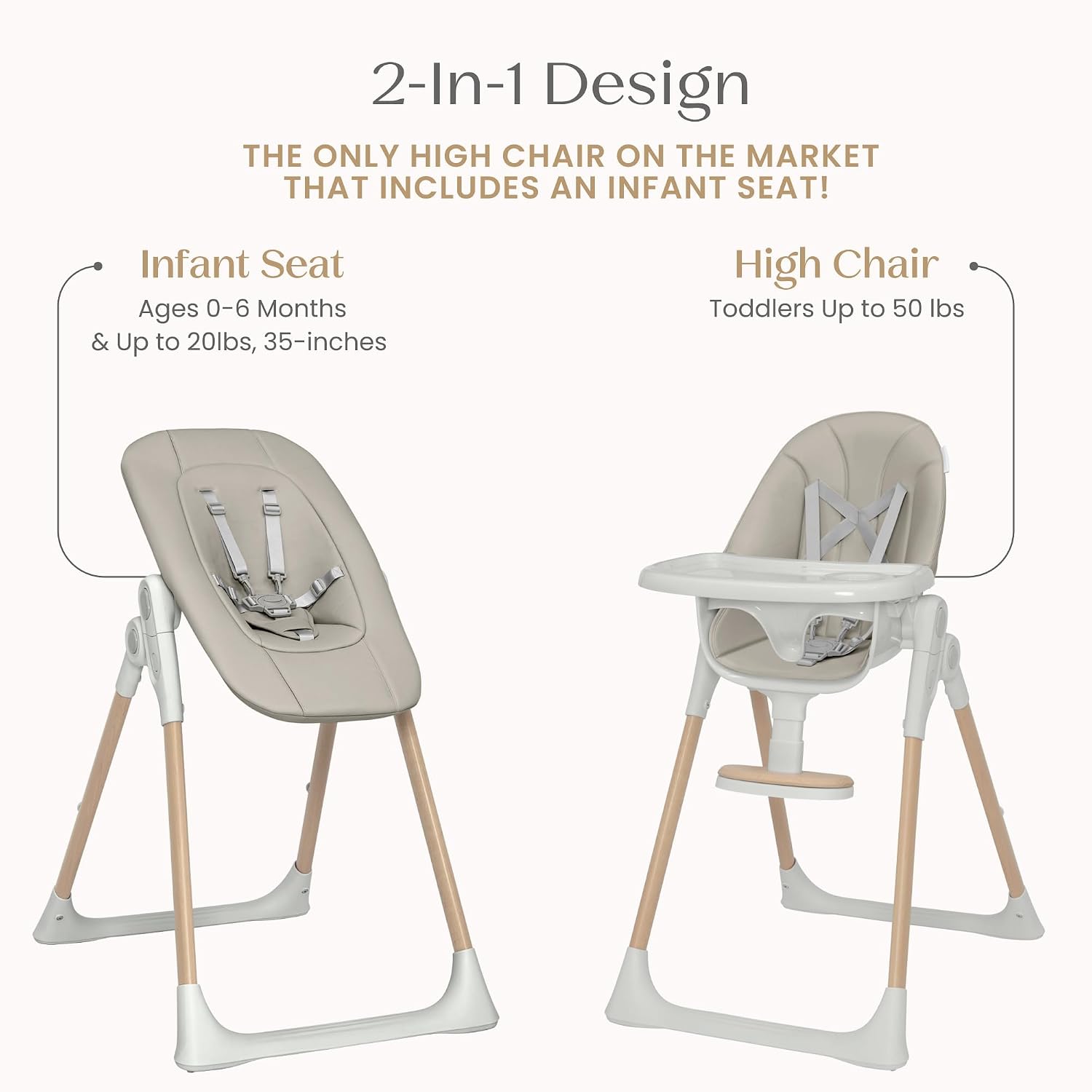 Delta Children Duet 2-in-1 High Chair and Infant Seat - Dishwasher Safe Meal Tray - FSC-Certified Wood, Taupe