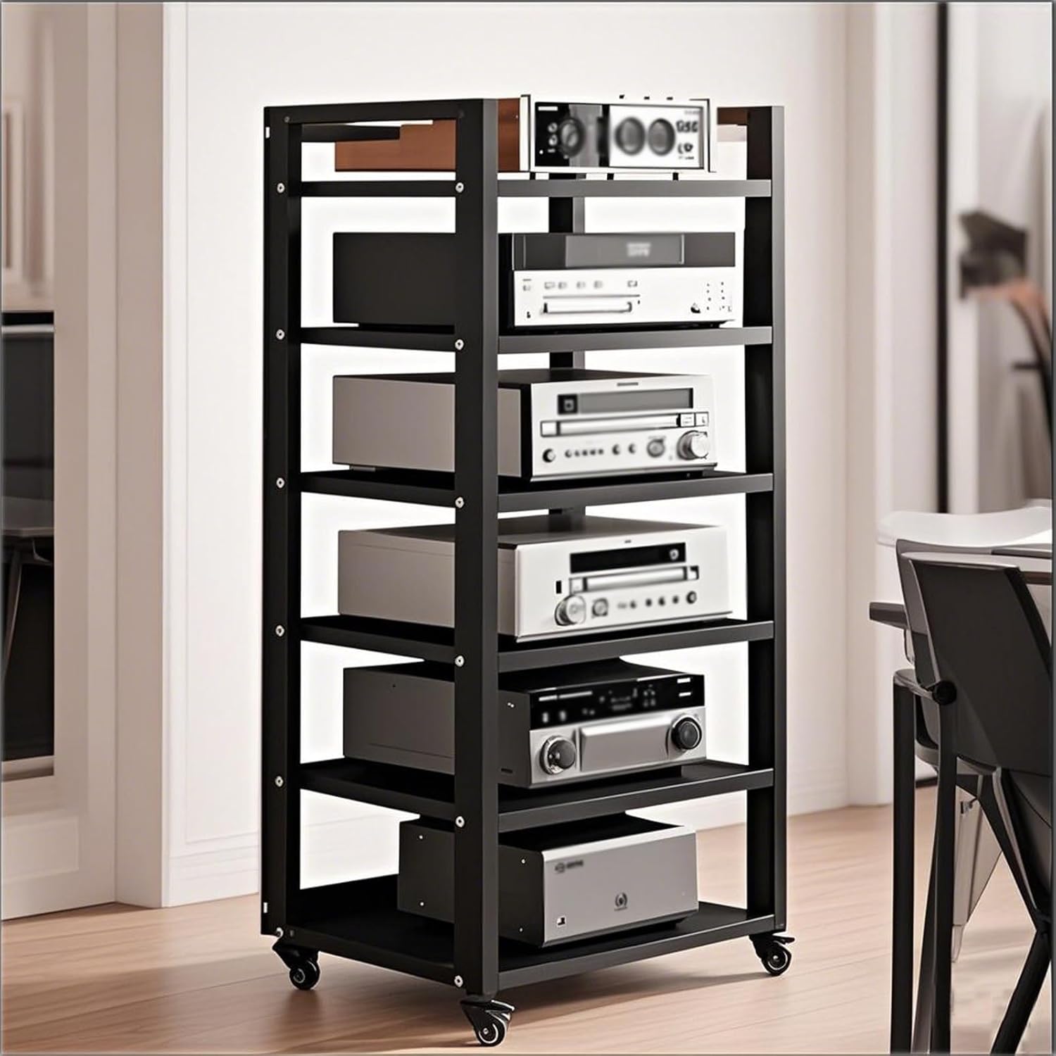 6 Tier Audio Rack Tower, CD Record Player Stereo Receiver AV Equipment Cabinet Display Rack, Weight Capacity 661 lbs, with Adjustable Wooden Shelves for Home (6 Tier Black)