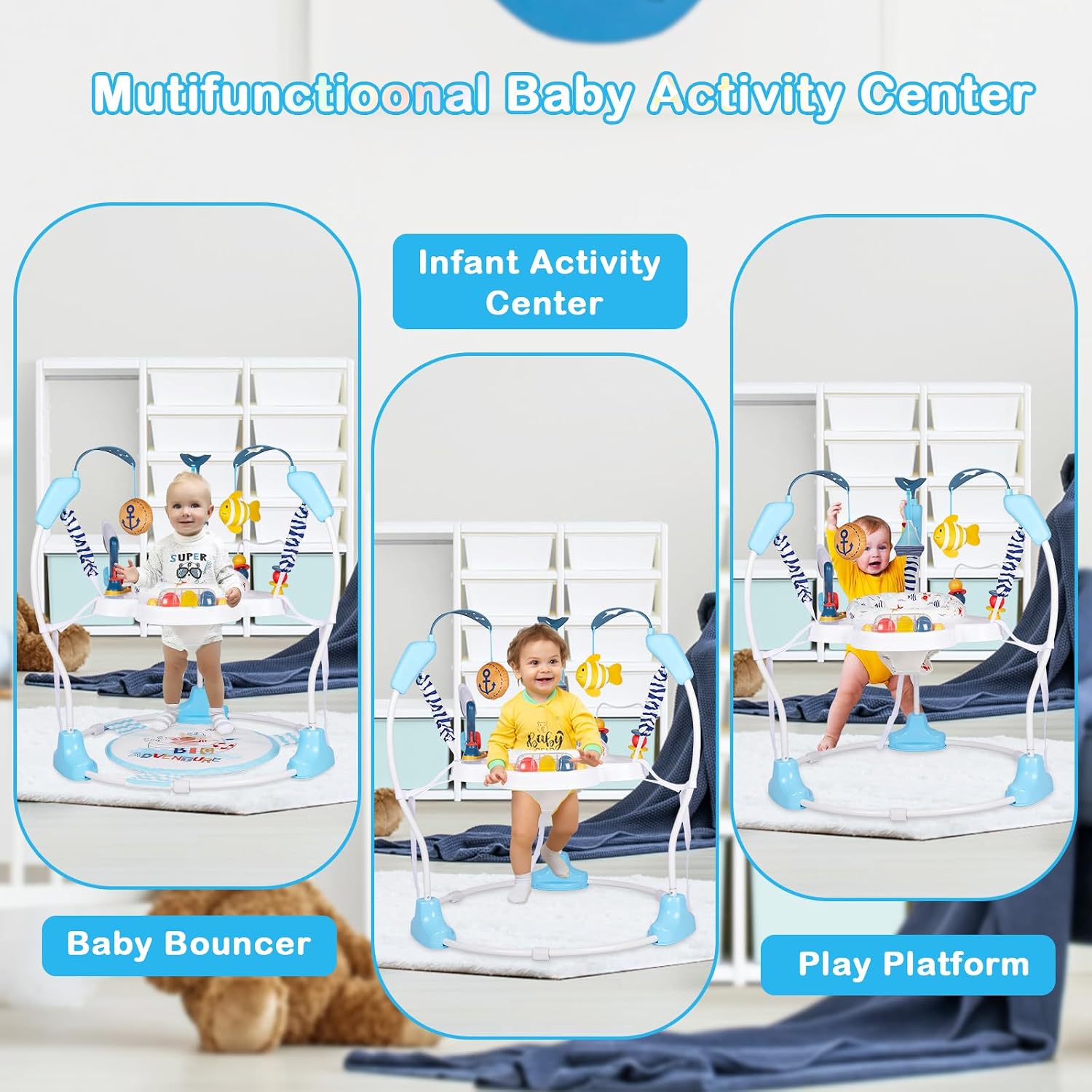 Baby Activity Center, Infant Jumpers and Bouncers with Music, Lights, Infant Toys, 360°Rotating Seat, 3 Adjustable Heights, Baby Play and Learning Center for 6+ Months