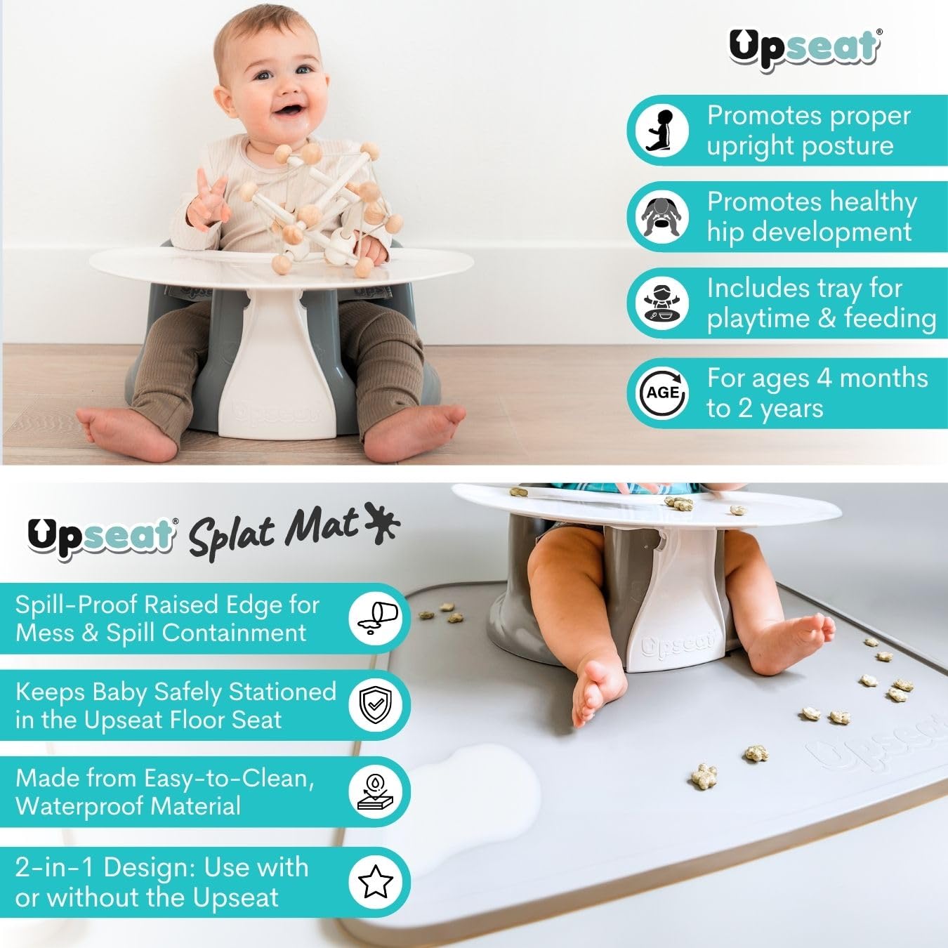 Upseat Ergonomic Baby Seat + Splat Mat, Waterproof, Soft, Spill & Mess Containment Bundle