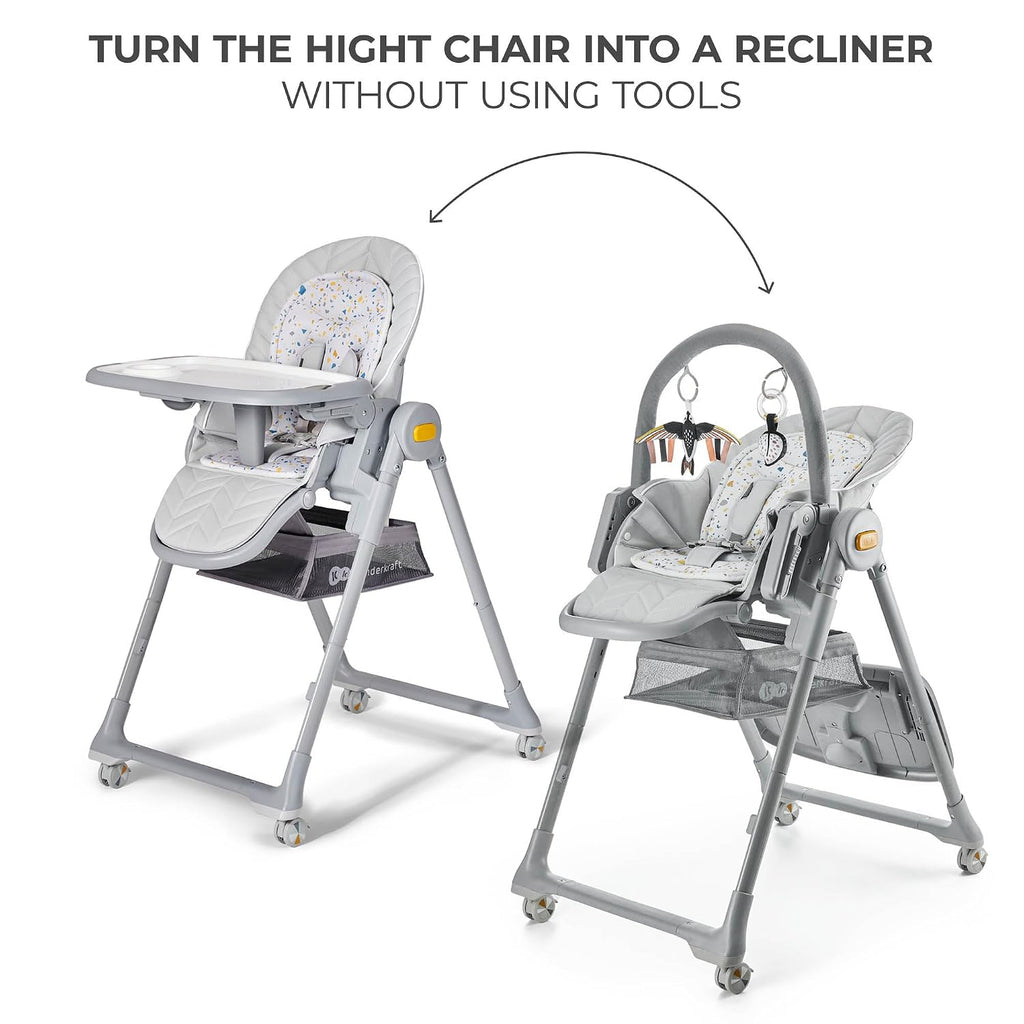 Kinderkraft LASTREE Foldable Baby High Chair for Babies and Toddlers with Reclining Function, Play Bar, Adjustable Tray and Footrest in Grey