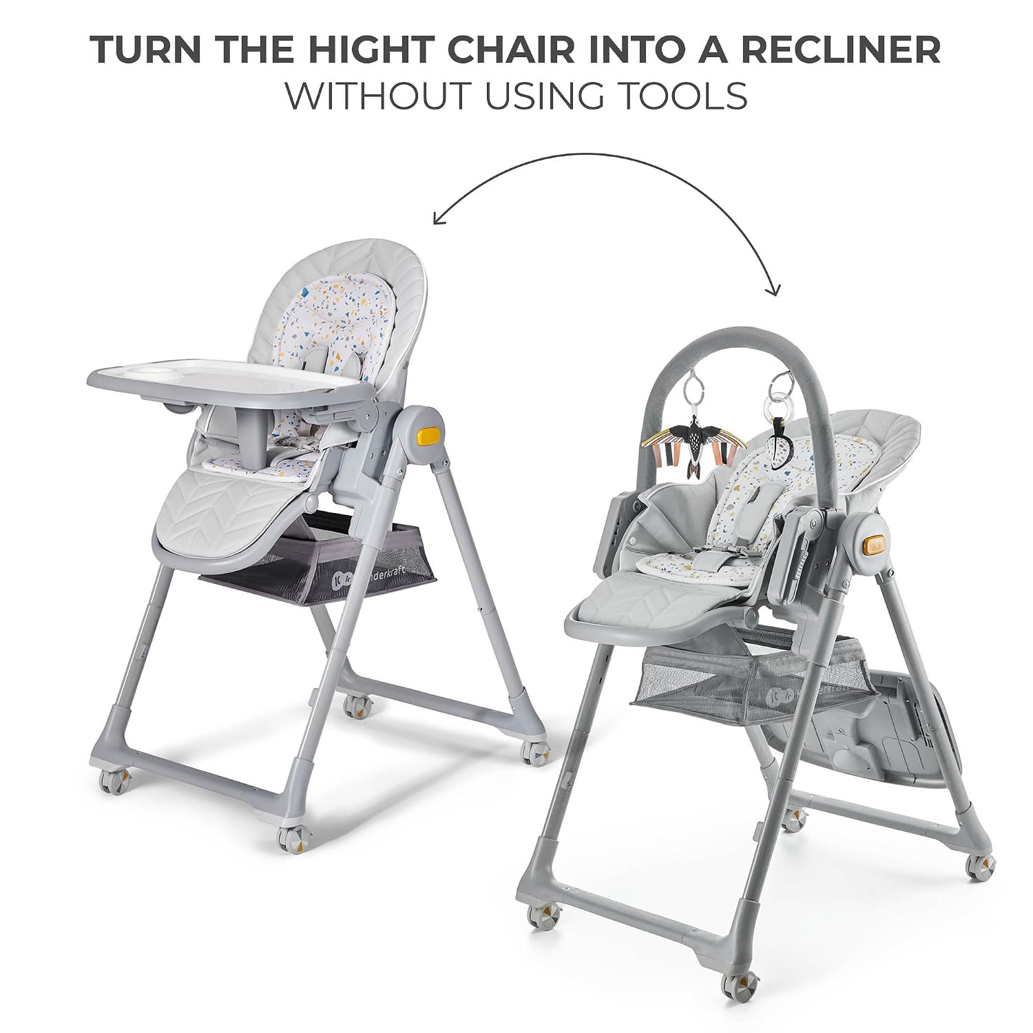 Kinderkraft LASTREE Foldable Baby High Chair for Babies and Toddlers with Reclining Function, Play Bar, Adjustable Tray and Footrest in Grey