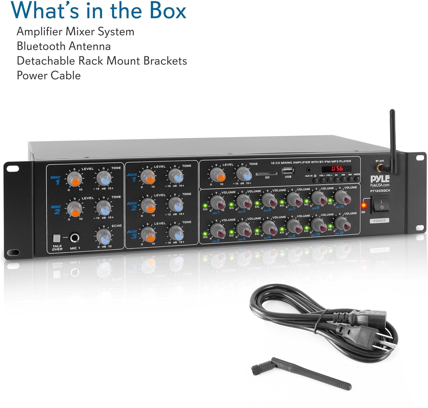 Pyle 8-Channel Wireless Bluetooth Power Amplifier - 4000W Rack Mount Multi Zone Sound Mixer Audio Home Stereo Receiver Box System w/ RCA, USB, AUX - For Speaker, PA, Theater, Studio/Stage - PT8050CH