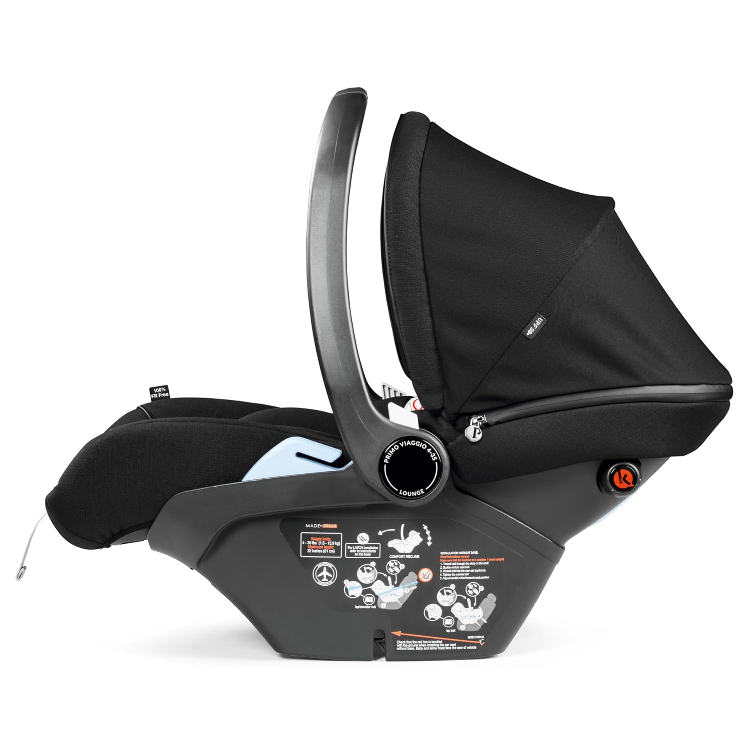 Peg Perego Primo Viaggio 4-35 Lounge - Reclining Rear Facing Infant Car Seat - Includes Base with Load Leg & Anti-Rebound Bar - for Babies 4 to 35 lbs - Made in Italy - True Black (Black)