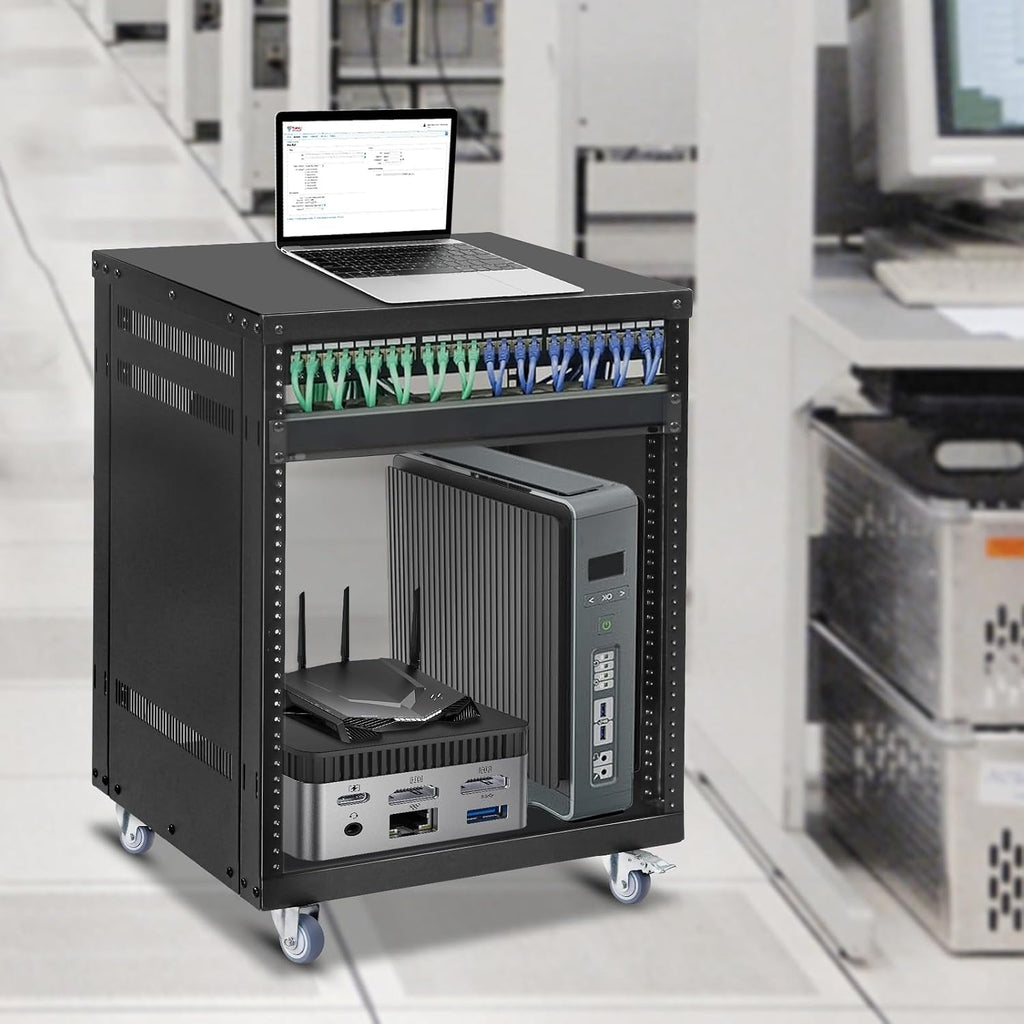 12U Rack with Caster Wheels, Heavy-Duty AV Rack with Adjustable Steel Shelf, Open Frame Server Rack for IT, AV, Data & Computer Equipment, 500lb Capacity, 19.7' W x 17.7' D x 26.8' H