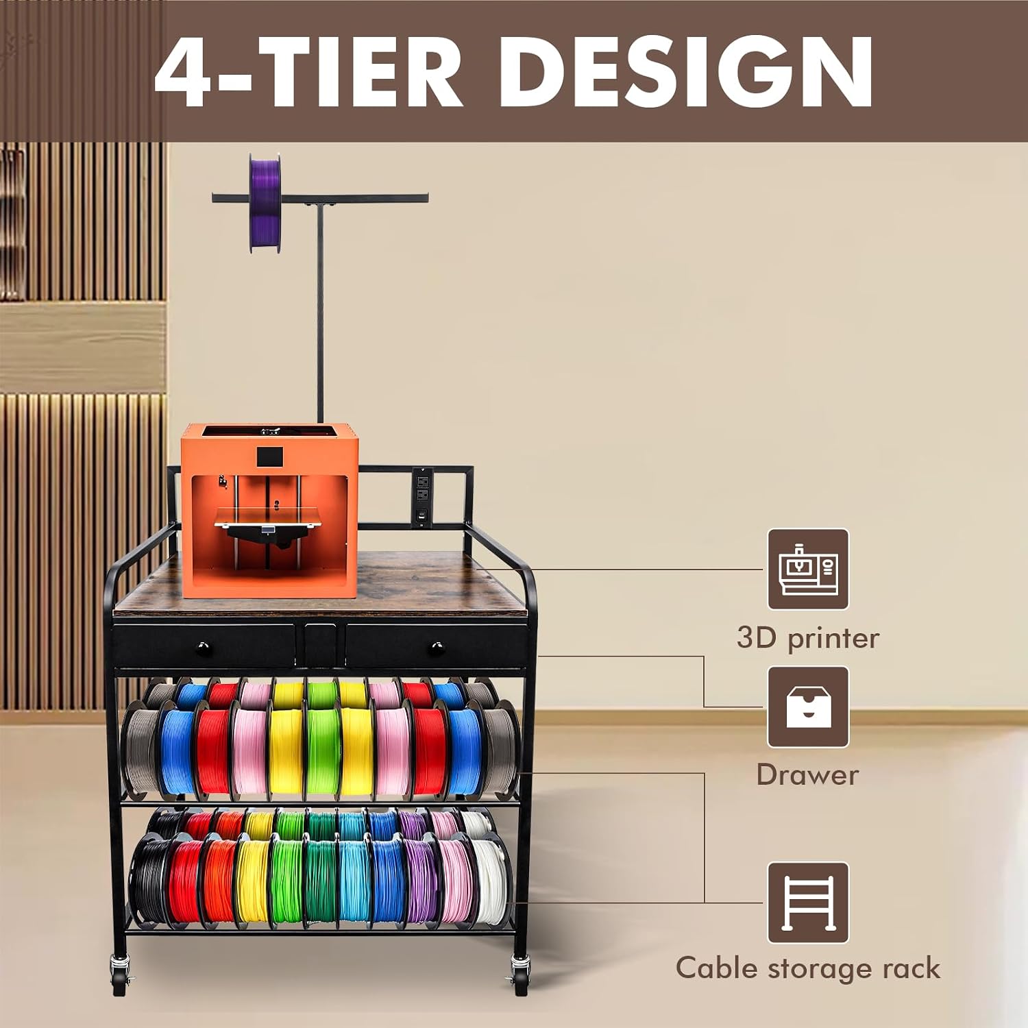 Heavy Duty 3D Printer Stand Filaments Storage Rack with Power Outlet,3D Printer Cart Desk,Rolling Filament Spool Holder,Multipose Storage Stand for Printing Studio,Home&Office Workshop