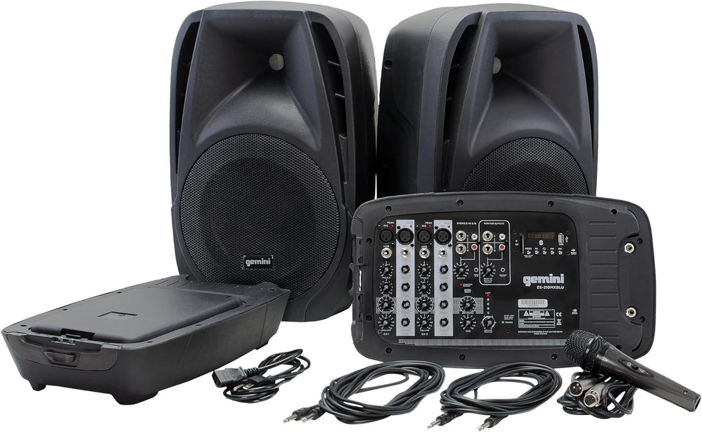 Gemini Portable PA System with Bluetooth, Powered System with 6-Channel Mixer, Dual 10' Speakers, Mic & Cables—All-in-One for DJs, Events, Fitness & Worship (ES-210MXBLU)