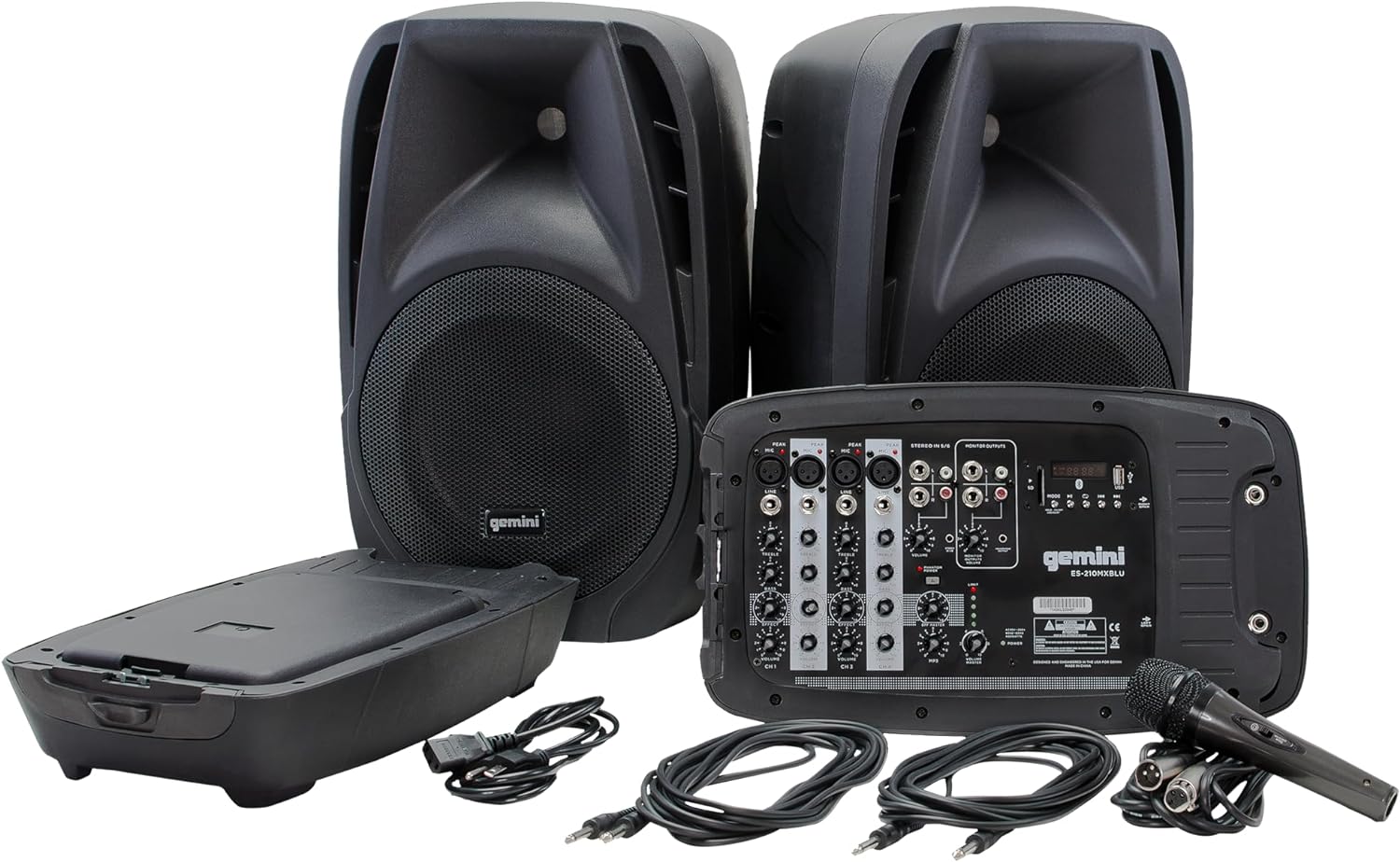 Gemini Portable PA System with Bluetooth, Powered System with 6-Channel Mixer, Dual 10' Speakers, Mic & Cables—All-in-One for DJs, Events, Fitness & Worship (ES-210MXBLU)