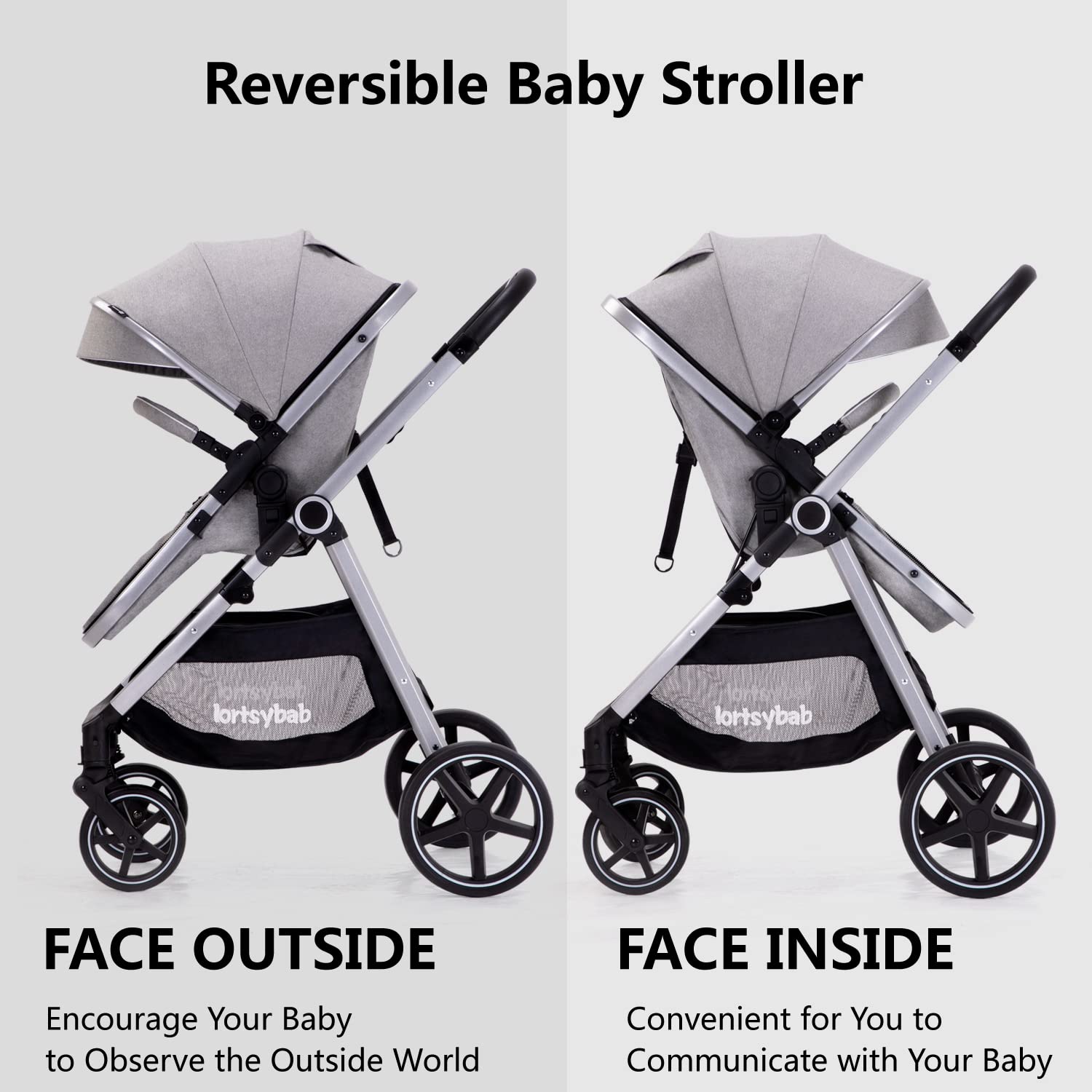 Lortsybab 2-in-1 Baby Stroller - Folding Infant Newborn Pram Stroller with Reversible Seat - Toddler Strollers for 0-36 Months Old Babies (Grey)