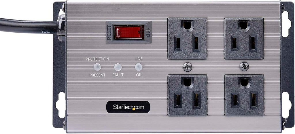 StarTech.com Flat Plug 4-Outlet Heavy Duty Industrial Power Strip 125V/15A with Surge Protector, EMI/RFI Isolation, Mountable PDU, 8ft/2.4m Extension Power Cord, NEMA 5-15P/R, TAA