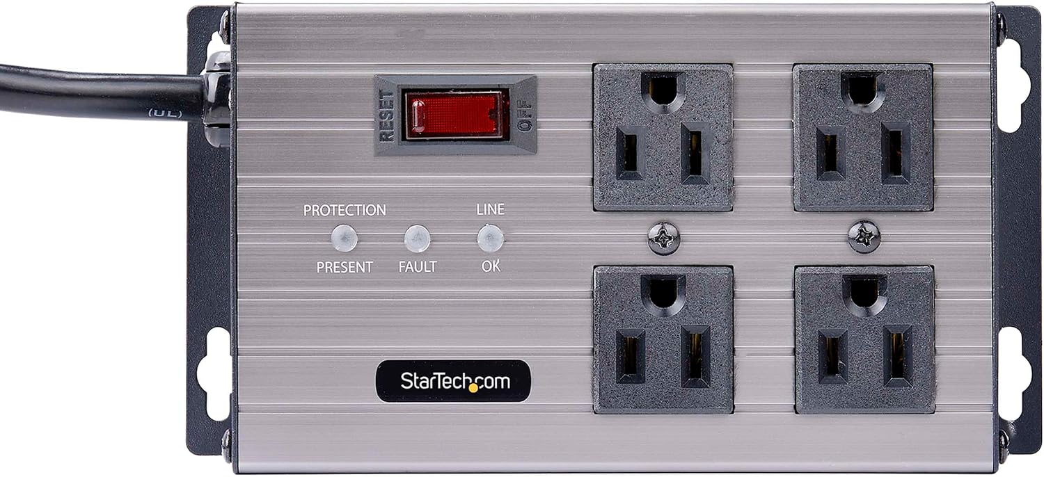 StarTech.com Flat Plug 4-Outlet Heavy Duty Industrial Power Strip 125V/15A with Surge Protector, EMI/RFI Isolation, Mountable PDU, 8ft/2.4m Extension Power Cord, NEMA 5-15P/R, TAA