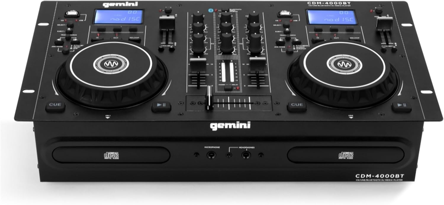 Gemini Sound CDM-4000BT: All-in-One DJ Standalone DJ CD Player & Mixer Combo with Bluetooth - Dual CD/USB for Home & Event Use, User-Friendly Controls with Jog Wheels and Pitch Control