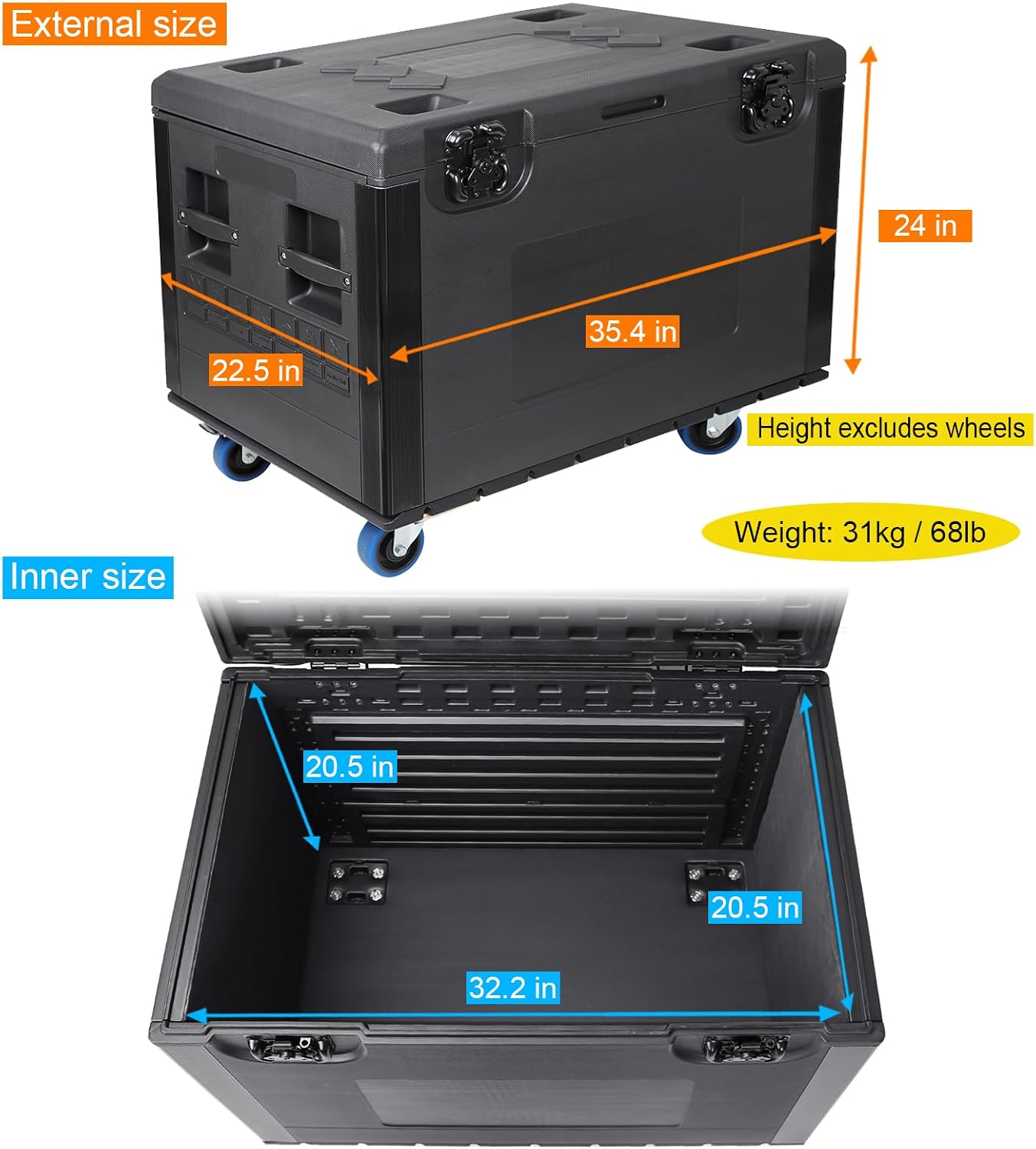 Diandian 35' x 22' x 24' Heavy Duty Rolling Road Case with Wheels, ATA Stackable Flight Case for DJ & Pro Audio Equipment, Touring Ready Storage Trunk