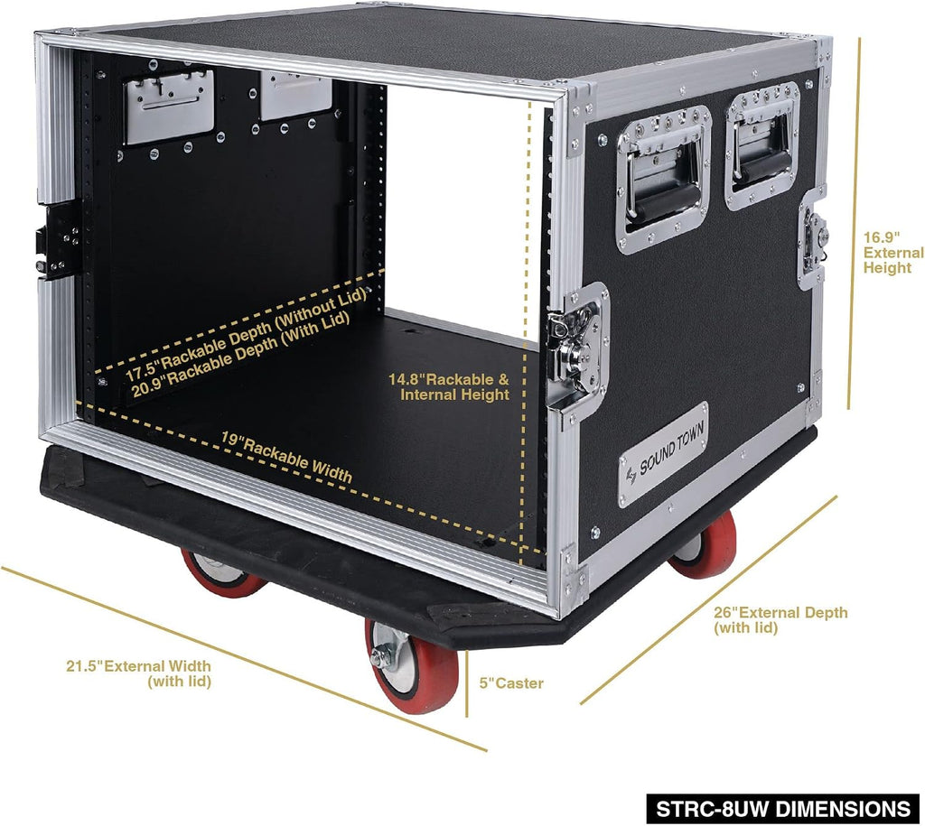 Sound Town PA DJ Combo with 8U Rack/Road ATA Case w/Casters, One 10 Outlet AC Power Conditioner/Sequencer (STRC-8PSA28)